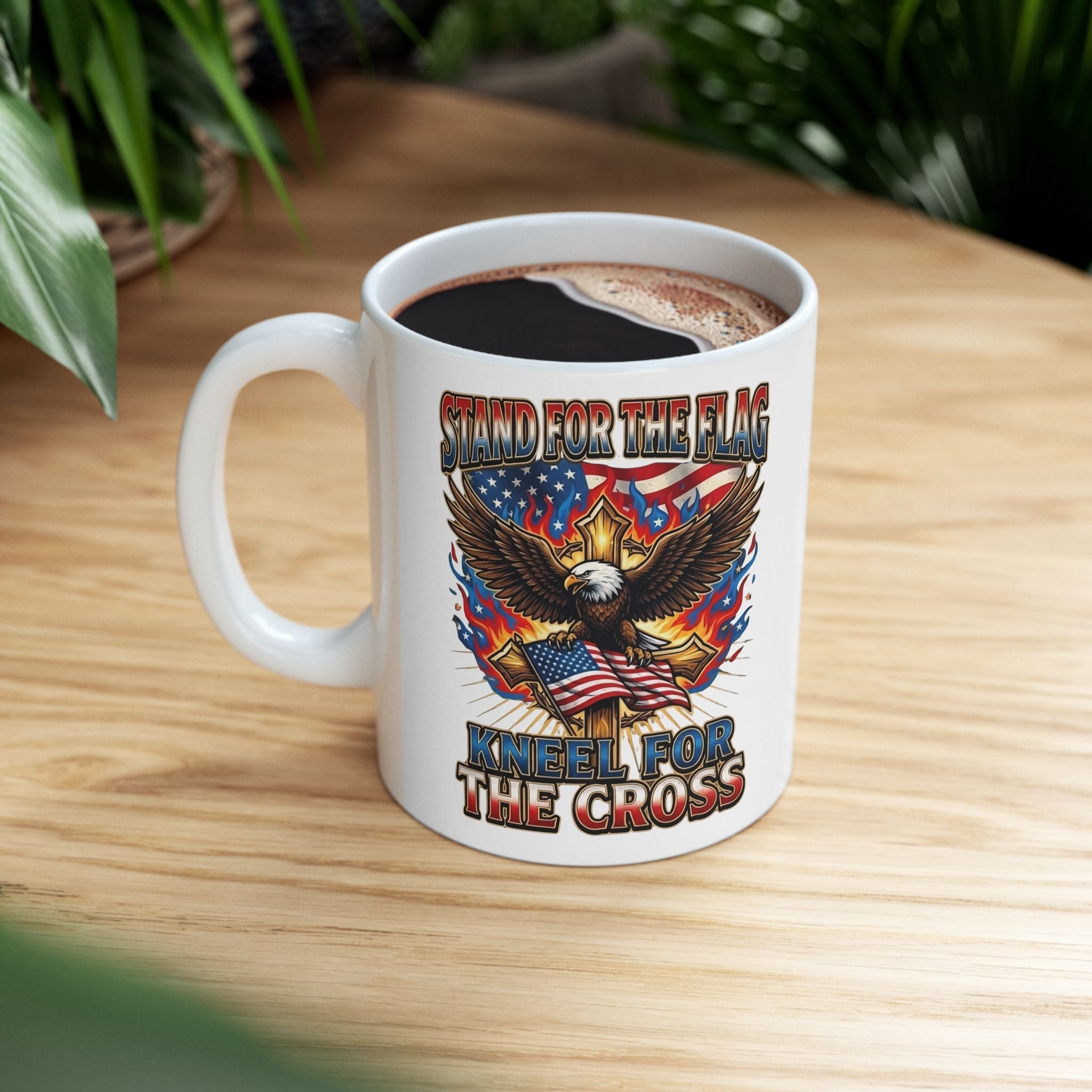 Patriotic Eagle Coffee Mug — "Stand for the Flag, Kneel for the Cross" (11/15oz) Printify
