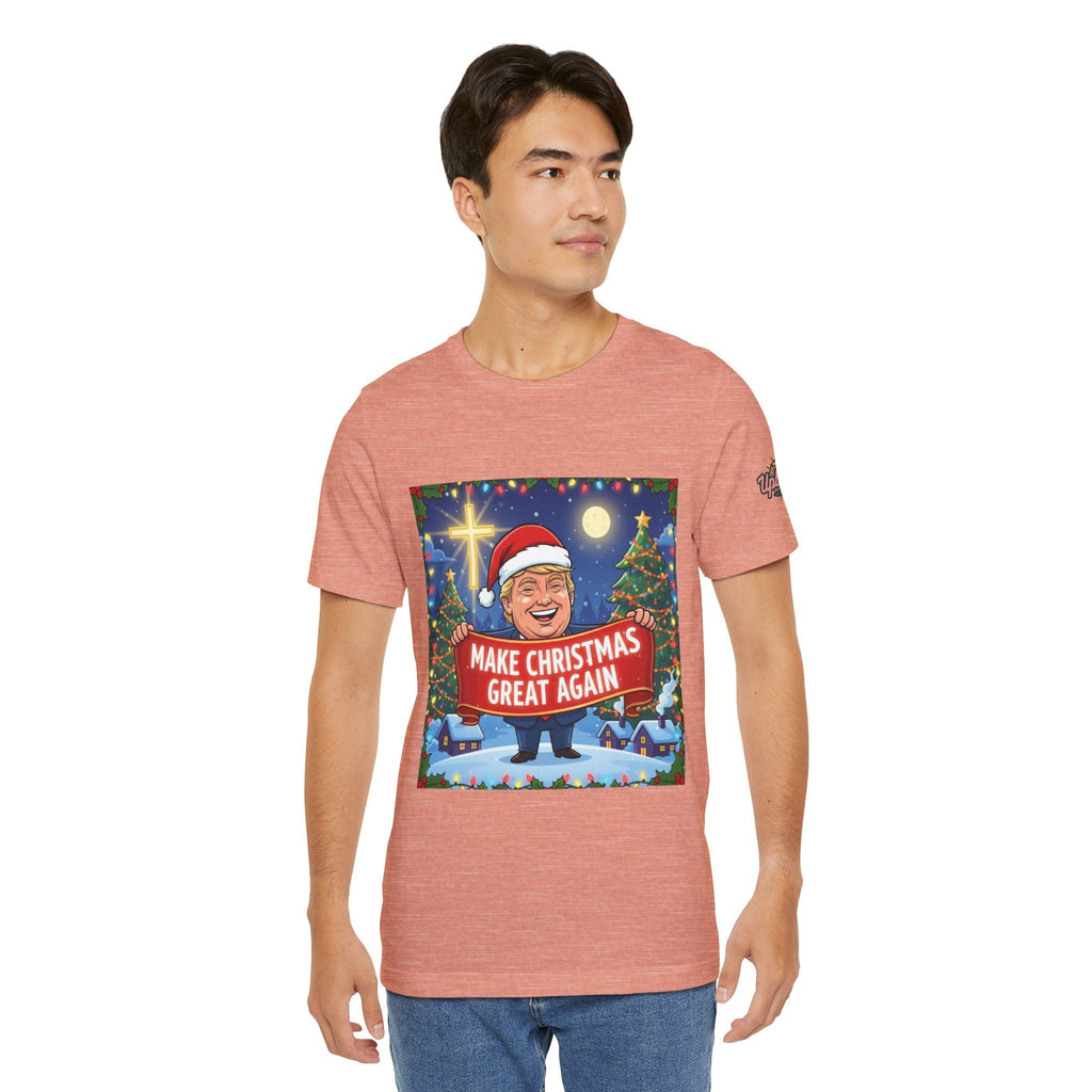 🎄 Make Christmas Great Again – Patriotic Christian Christmas T-Shirt | Bold Holiday Faith Tee | Red & White Banner Design | Uplifted Gear Printify