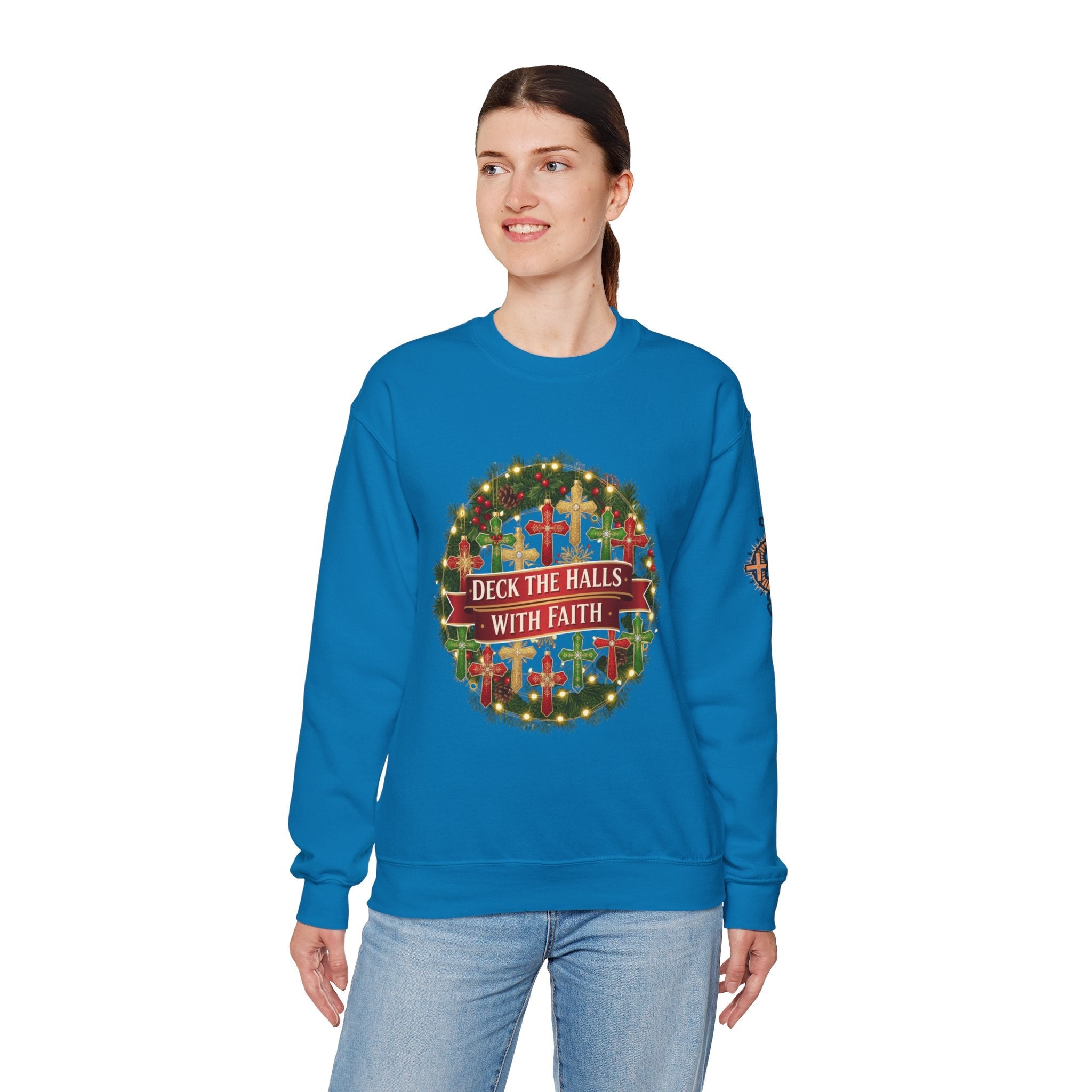 🎄 Deck the Halls with Faith – Christian Christmas Sweatshirt | Cross Ornament Design & Festive Garland | Bold Holiday Faith Tee by Uplifted Gear Printify