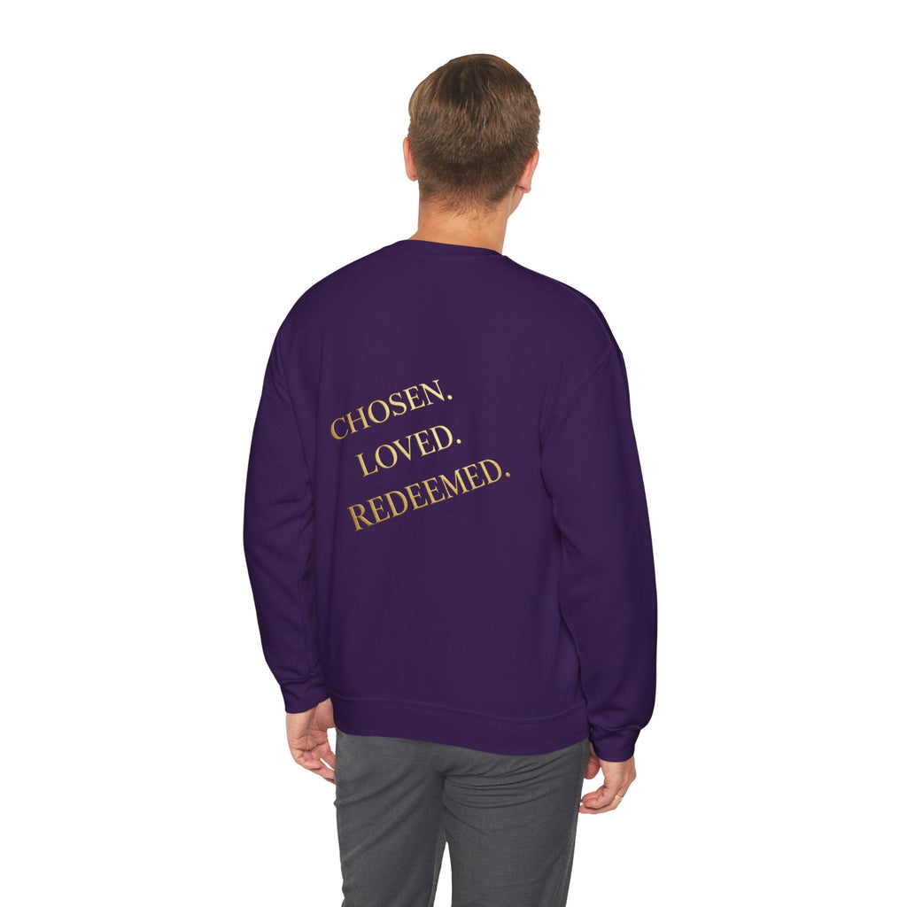 ✨ Chosen. Loved. Redeemed. – Elegant Christian Sweatshirt | Gold Foil Faith Tee | Subtle Cross & Heart Design | Inspirational Bible Verse Apparel by Uplifted Gear Printify