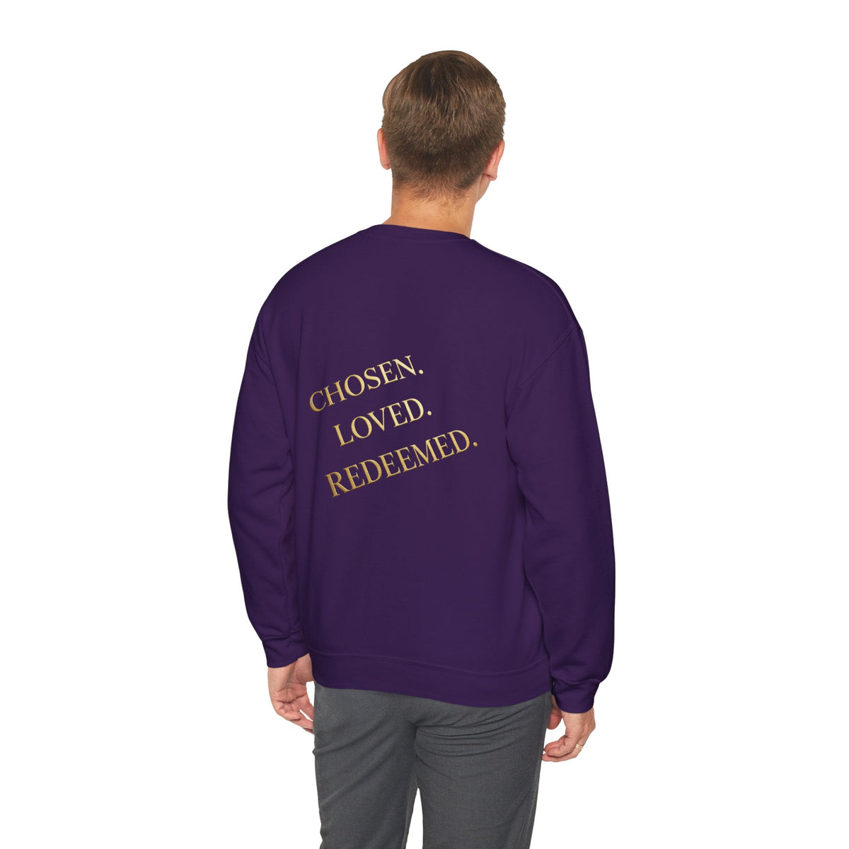 ✨ Chosen. Loved. Redeemed. – Elegant Christian Sweatshirt | Gold Foil Faith Tee | Subtle Cross & Heart Design | Inspirational Bible Verse Apparel by Uplifted Gear Printify