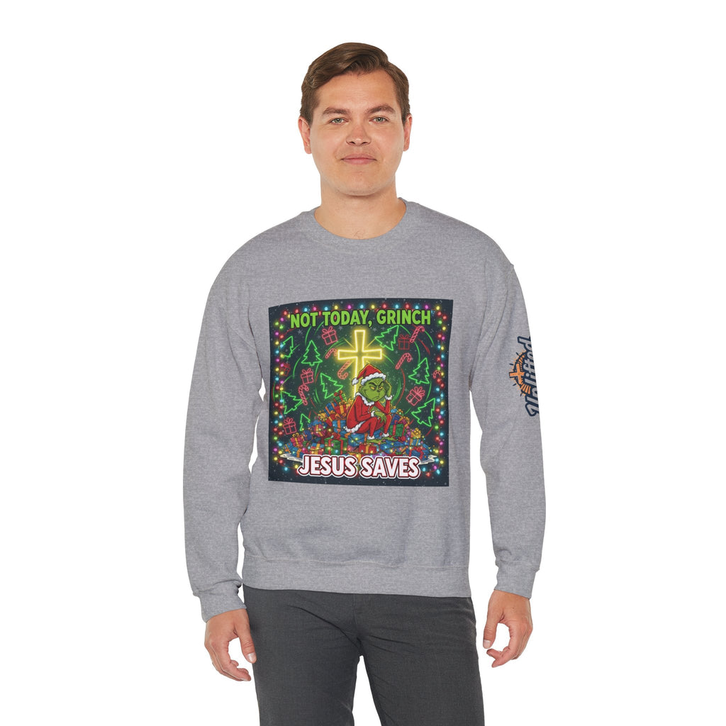 🎄 Not Today, Grinch – Jesus Saves | Funny Christian Christmas Sweatshirt | Festive Green & Red Cartoon Style | Bold Faith Holiday Tee by Uplifted Gear Printify