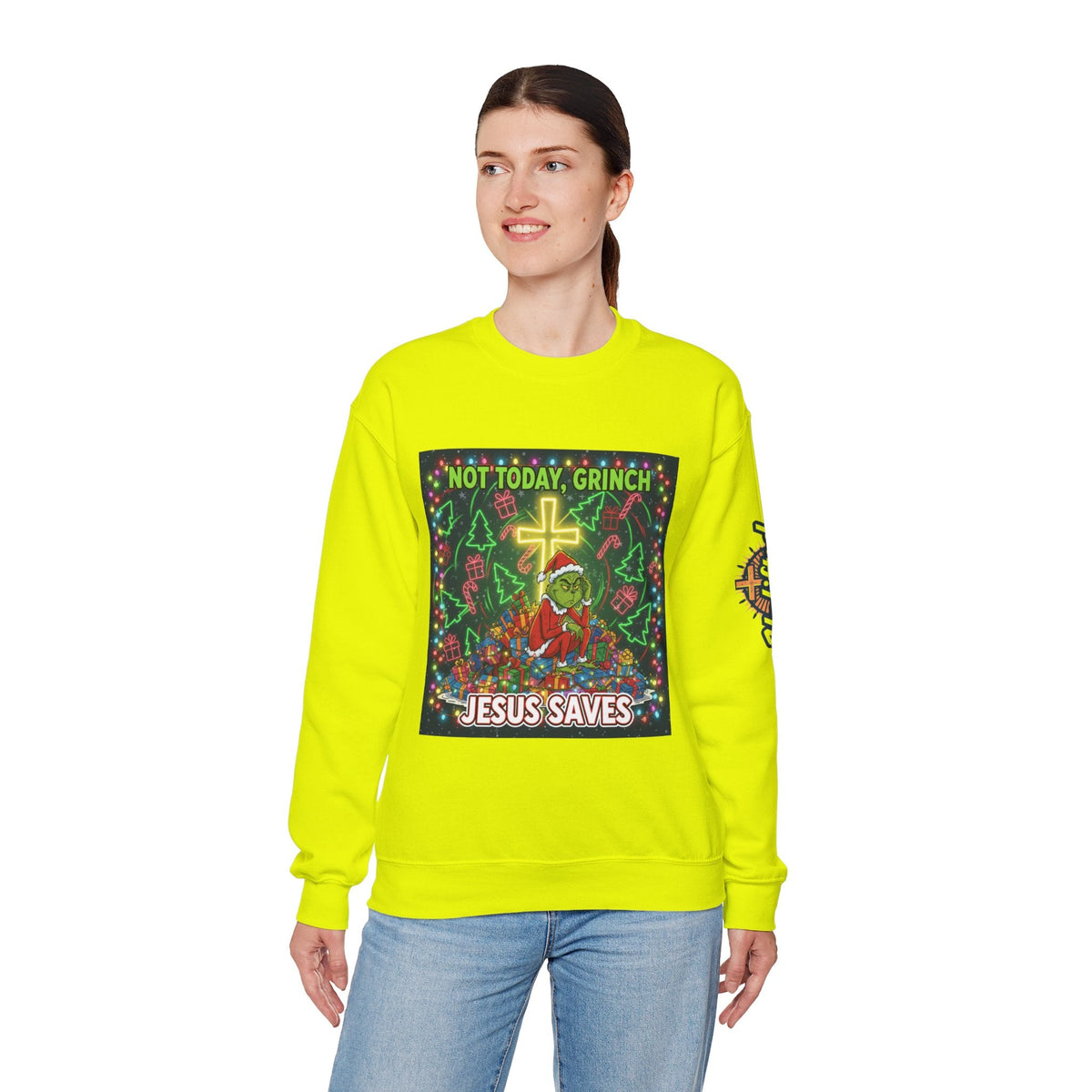 🎄 Not Today, Grinch – Jesus Saves | Funny Christian Christmas Sweatshirt | Festive Green & Red Cartoon Style | Bold Faith Holiday Tee by Uplifted Gear Printify