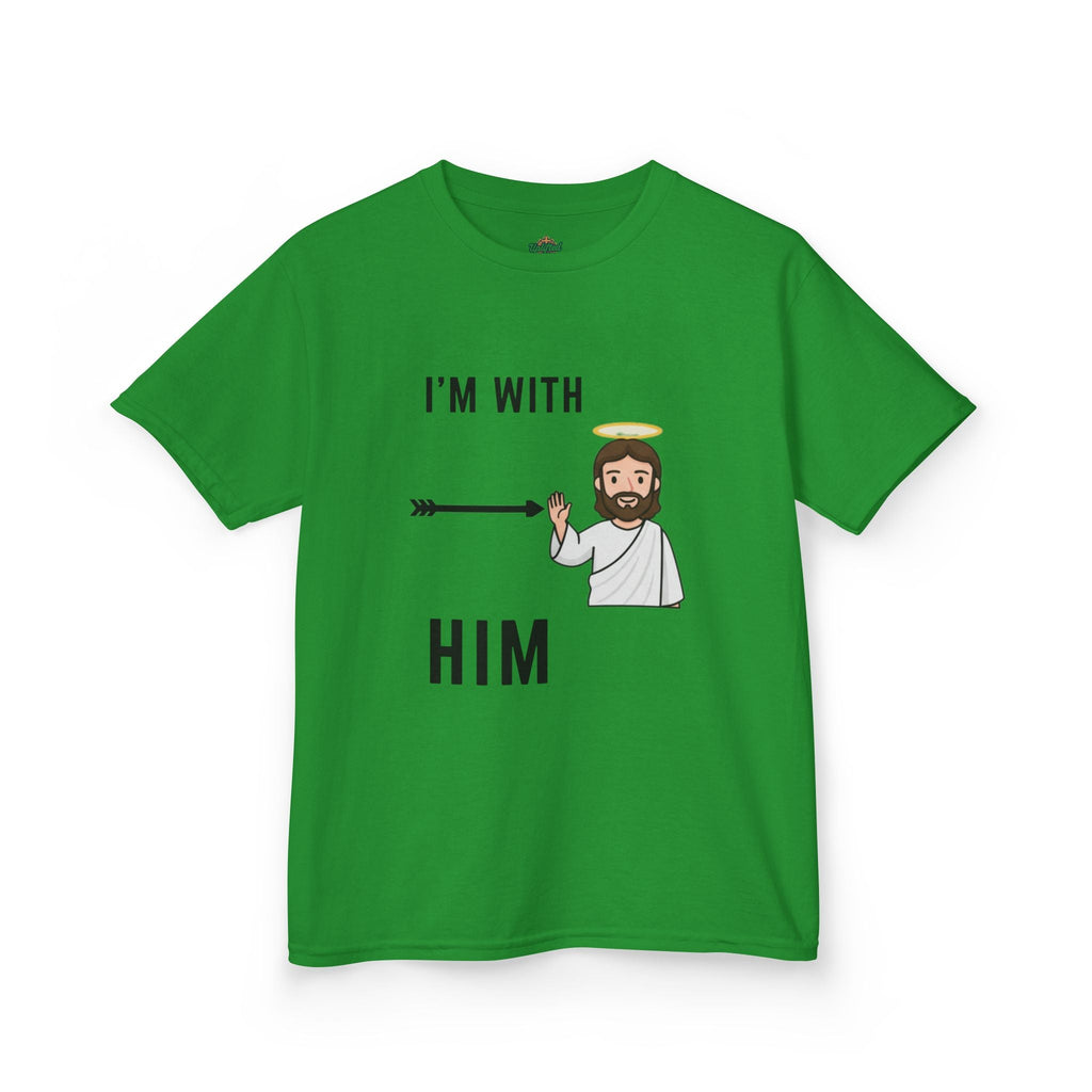 🔥 I’m With Him → Christian Kids T-Shirt | Arrow Pointing to Jesus | Minimalist Faith Tee | Subtle Cross Design | Bible-Inspired Apparel by Uplifted Gear Printify
