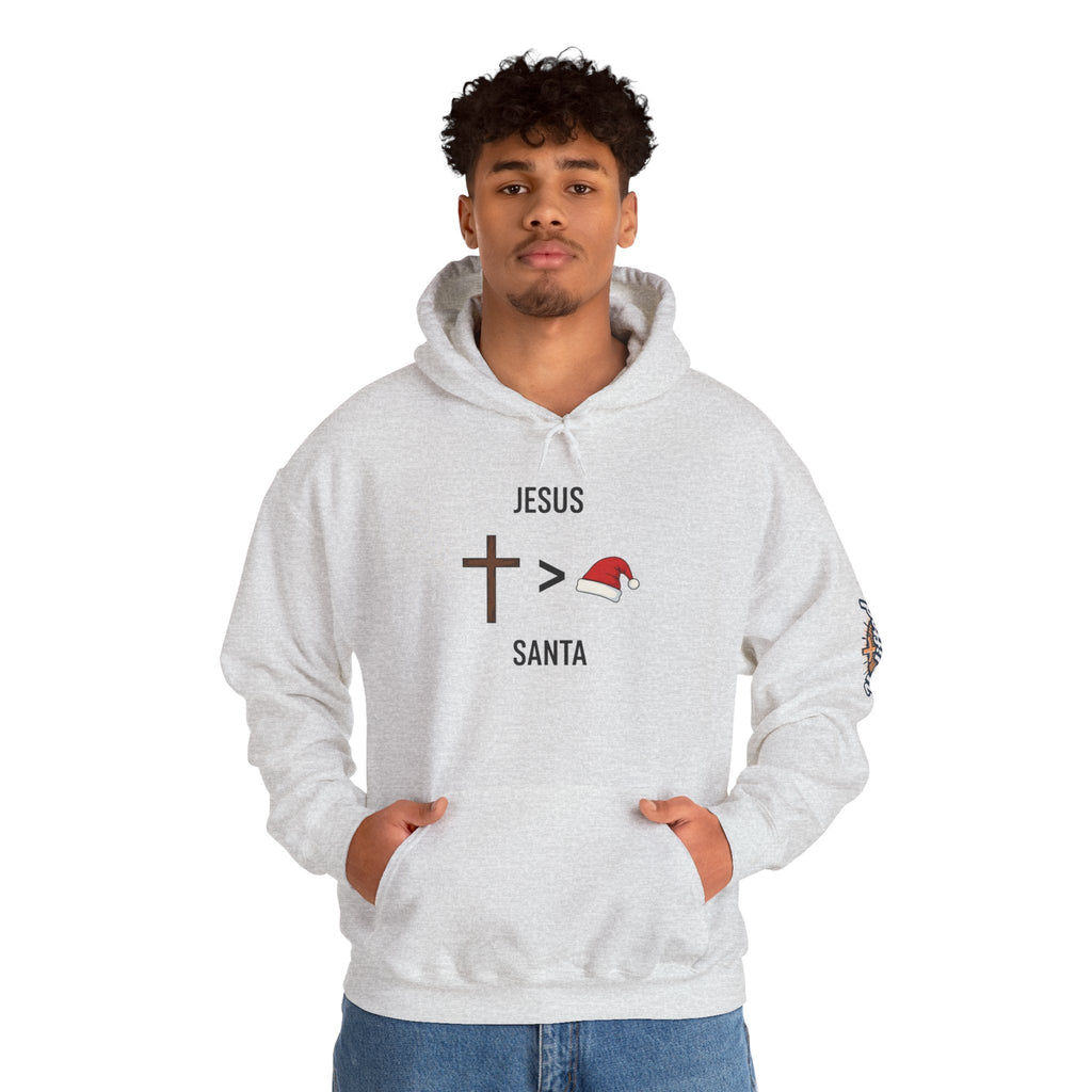 🎄 Jesus > Santa – Minimalist Christian Christmas Hoodie | Bold Faith Over Holiday Tee | Cross vs Santa Hat Design | Uplifted Gear Printify