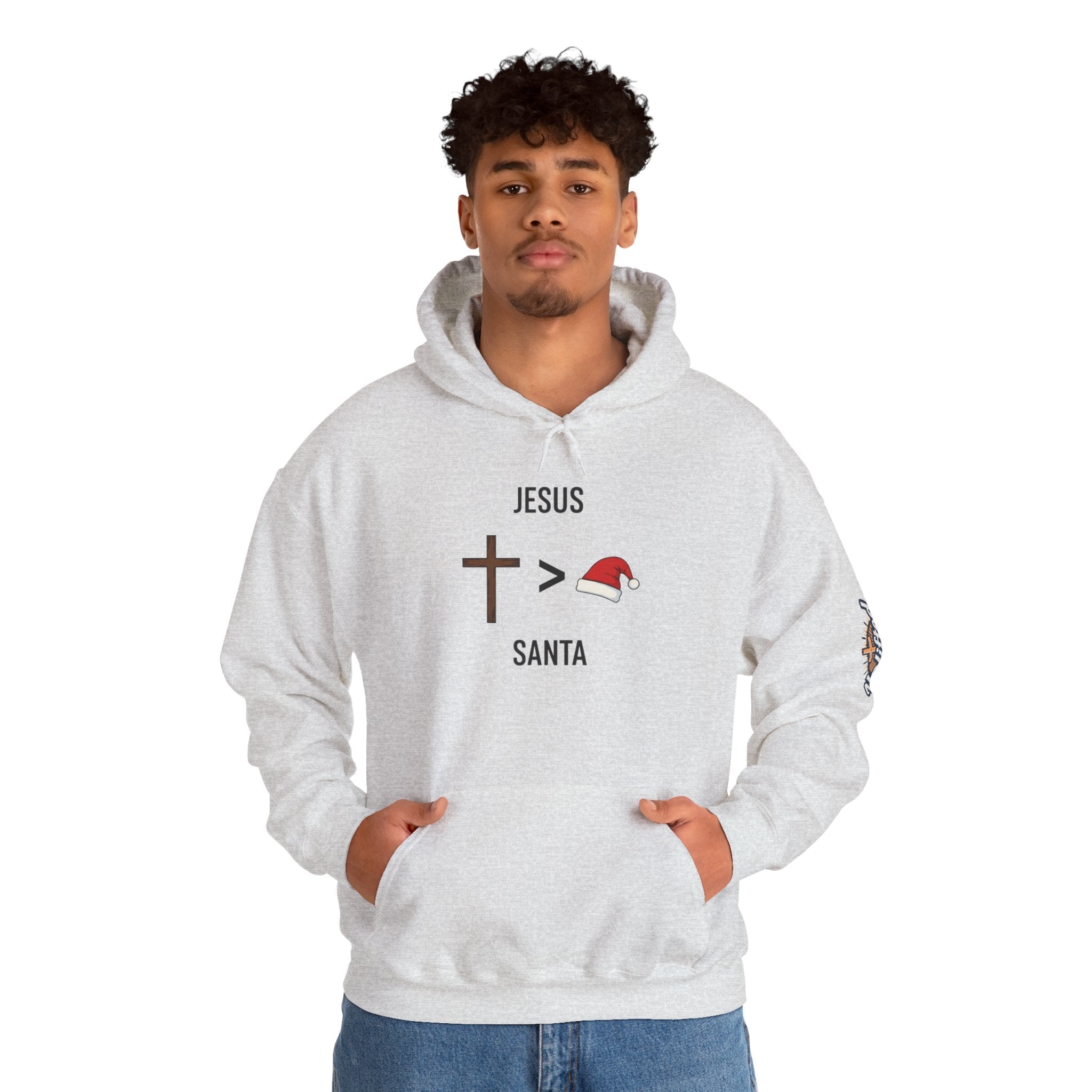 🎄 Jesus > Santa – Minimalist Christian Christmas Hoodie | Bold Faith Over Holiday Tee | Cross vs Santa Hat Design | Uplifted Gear Printify