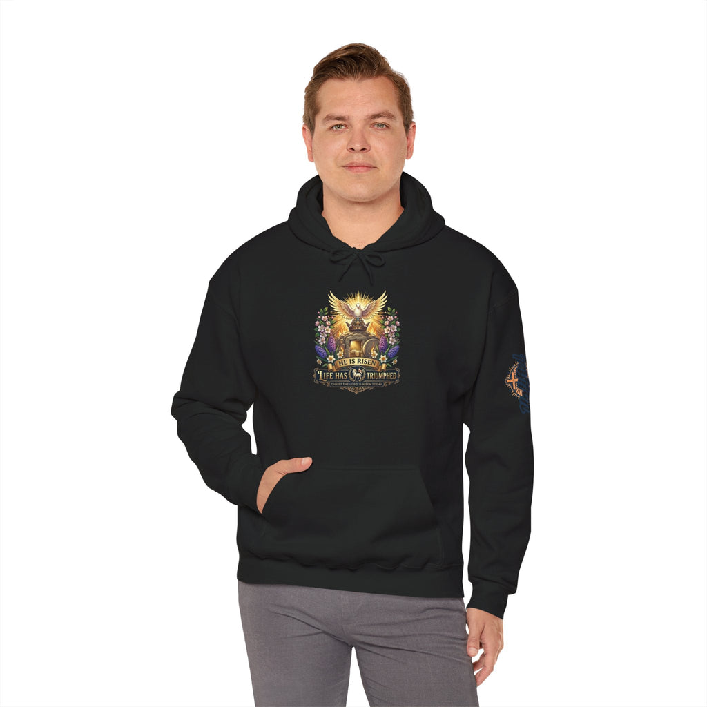 He Is Risen "Life Has Triumphed" Hoodie — Easter Resurrection Christian Hoodie Printify