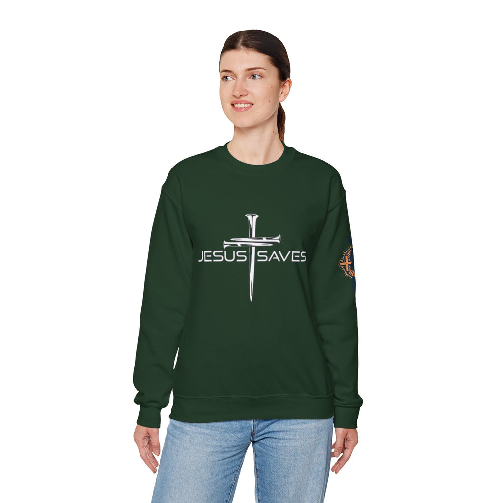 Jesus Saves Sweatshirt – 3 Nails Crucifix Cross Christian Sweatshirt for Redemption Faith & Bold Salvation Printify