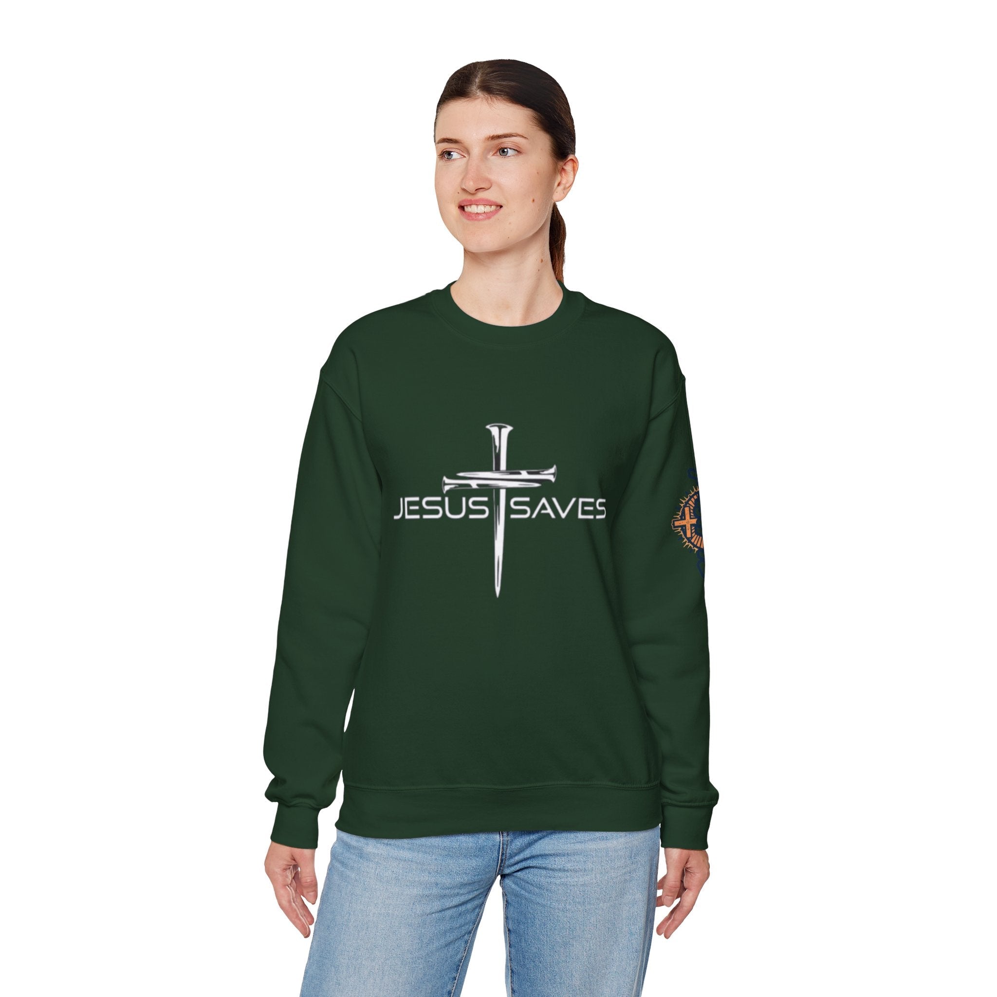 Jesus Saves Sweatshirt – 3 Nails Crucifix Cross Christian Sweatshirt for Redemption Faith & Bold Salvation Printify