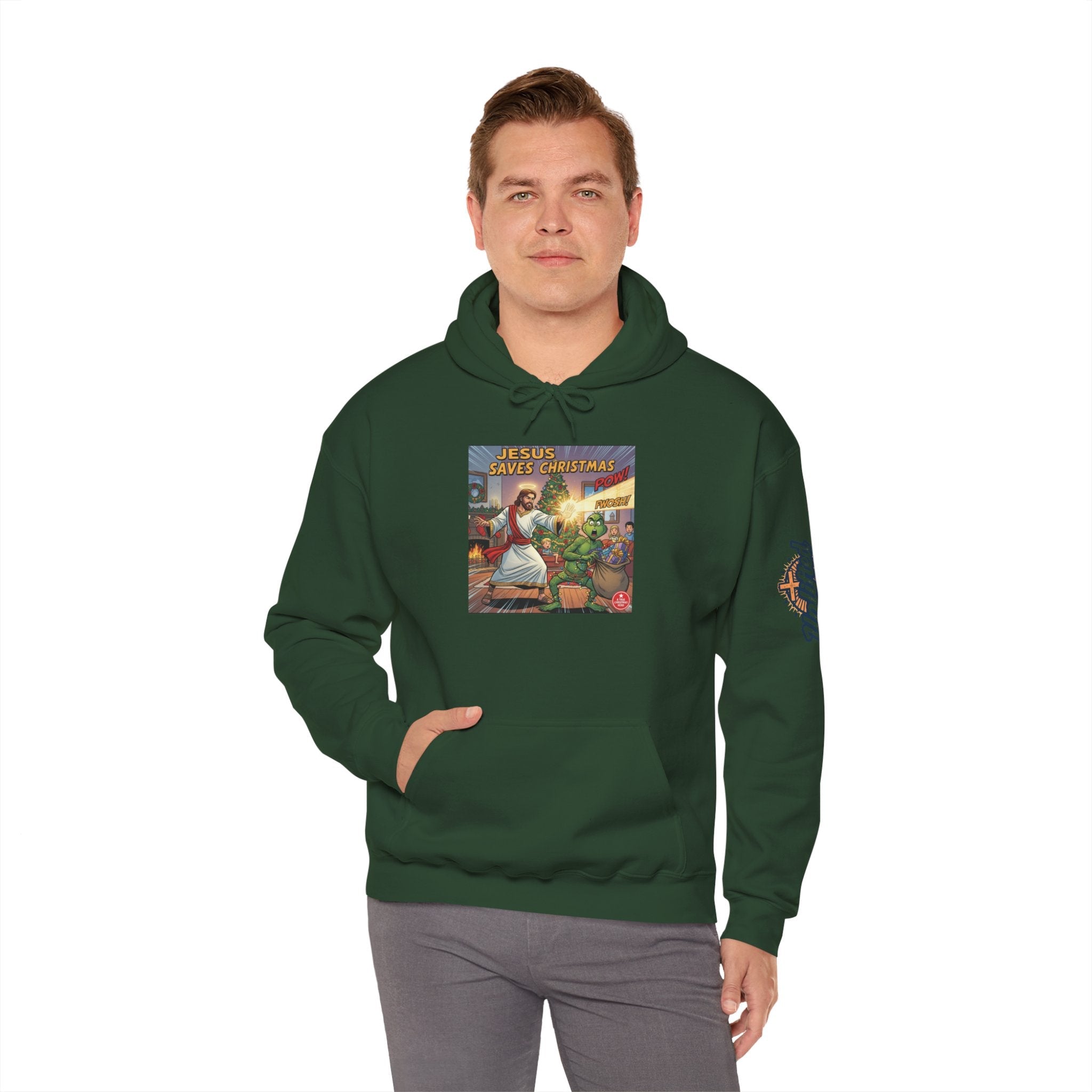 Jesus Saves Christmas Hoodie – Grinch vs Savior Light Battle Christian Sweatshirt for Hilarious Holiday Faith & True Joy Printify