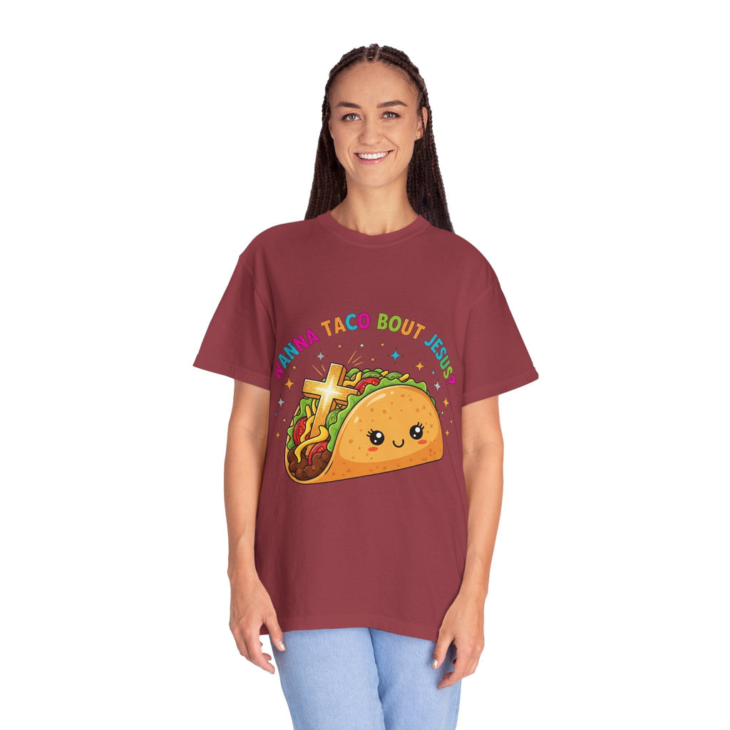Wanna Taco 'Bout Jesus? Funny Christian Pun T-Shirt – Lettuce Pray & Share Faith! Printify
