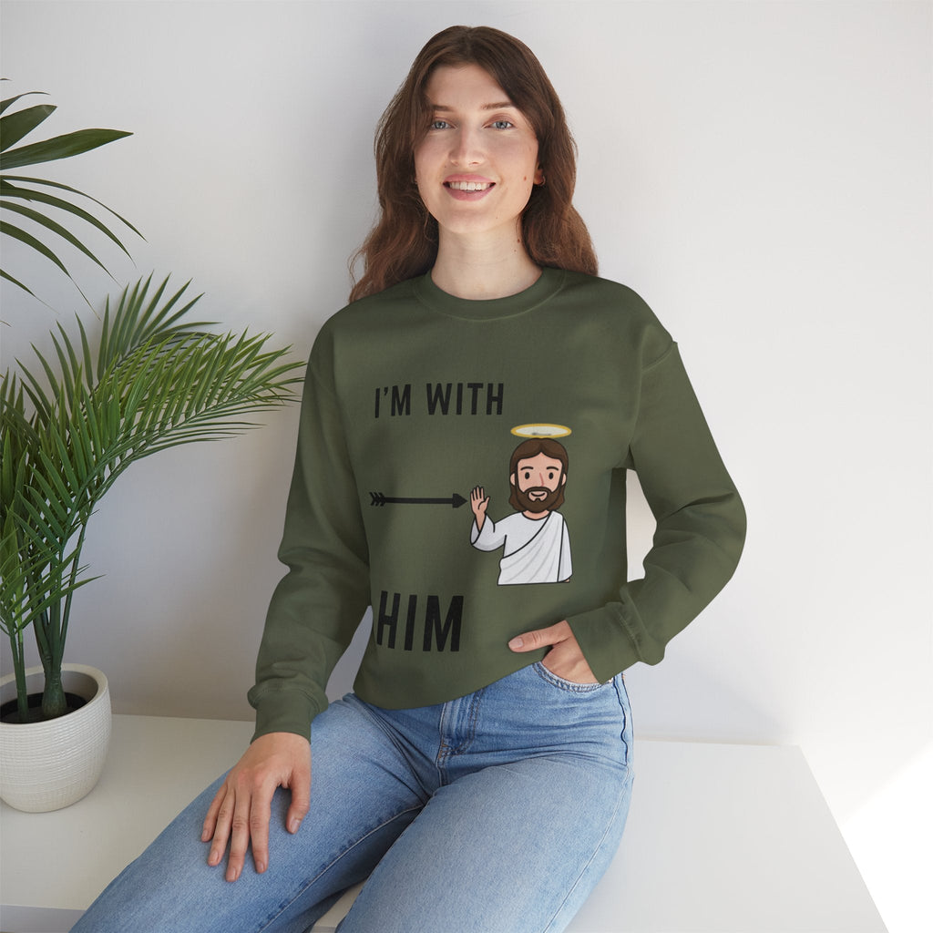 🔥 I’m With Him → Christian Sweatshirt | Arrow Pointing to Jesus | Minimalist Faith Tee | Subtle Cross Design | Bible-Inspired Apparel by Uplifted Gear Printify