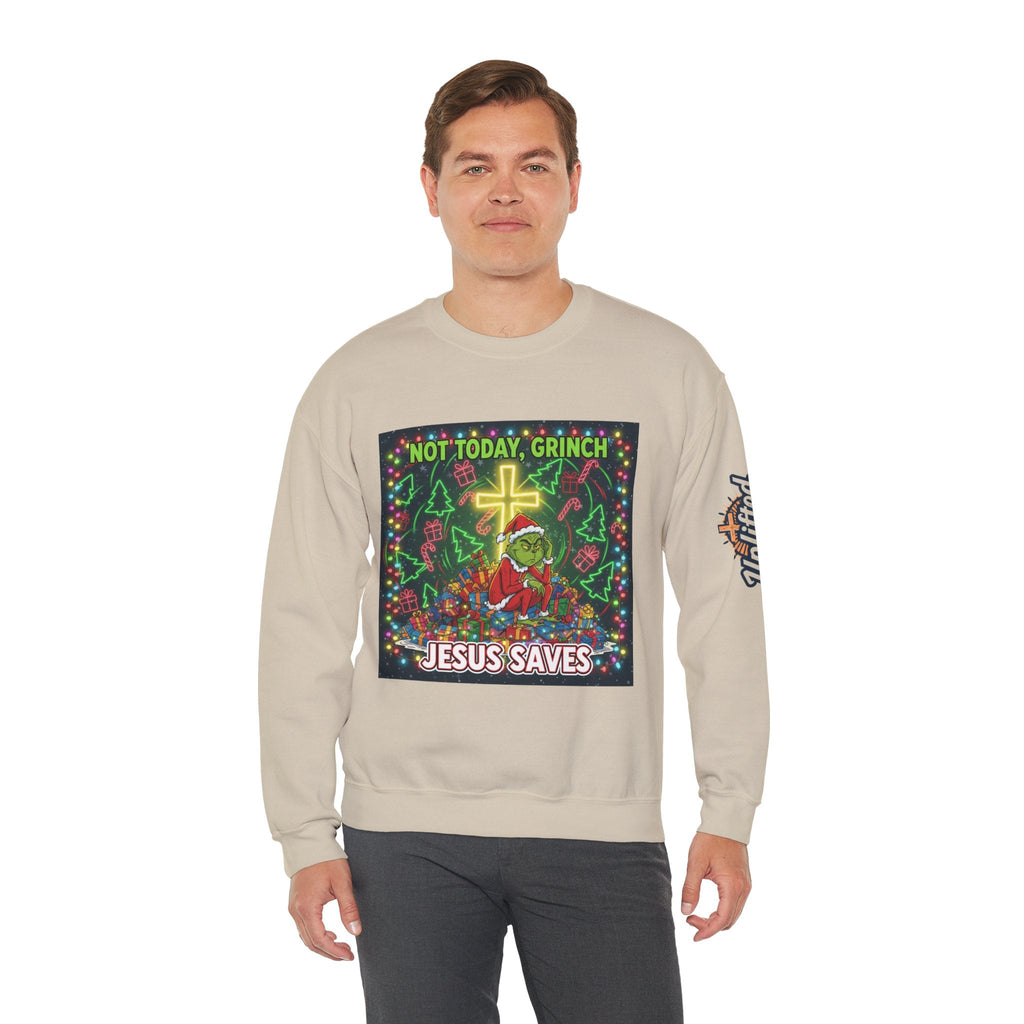 🎄 Not Today, Grinch – Jesus Saves | Funny Christian Christmas Sweatshirt | Festive Green & Red Cartoon Style | Bold Faith Holiday Tee by Uplifted Gear Printify