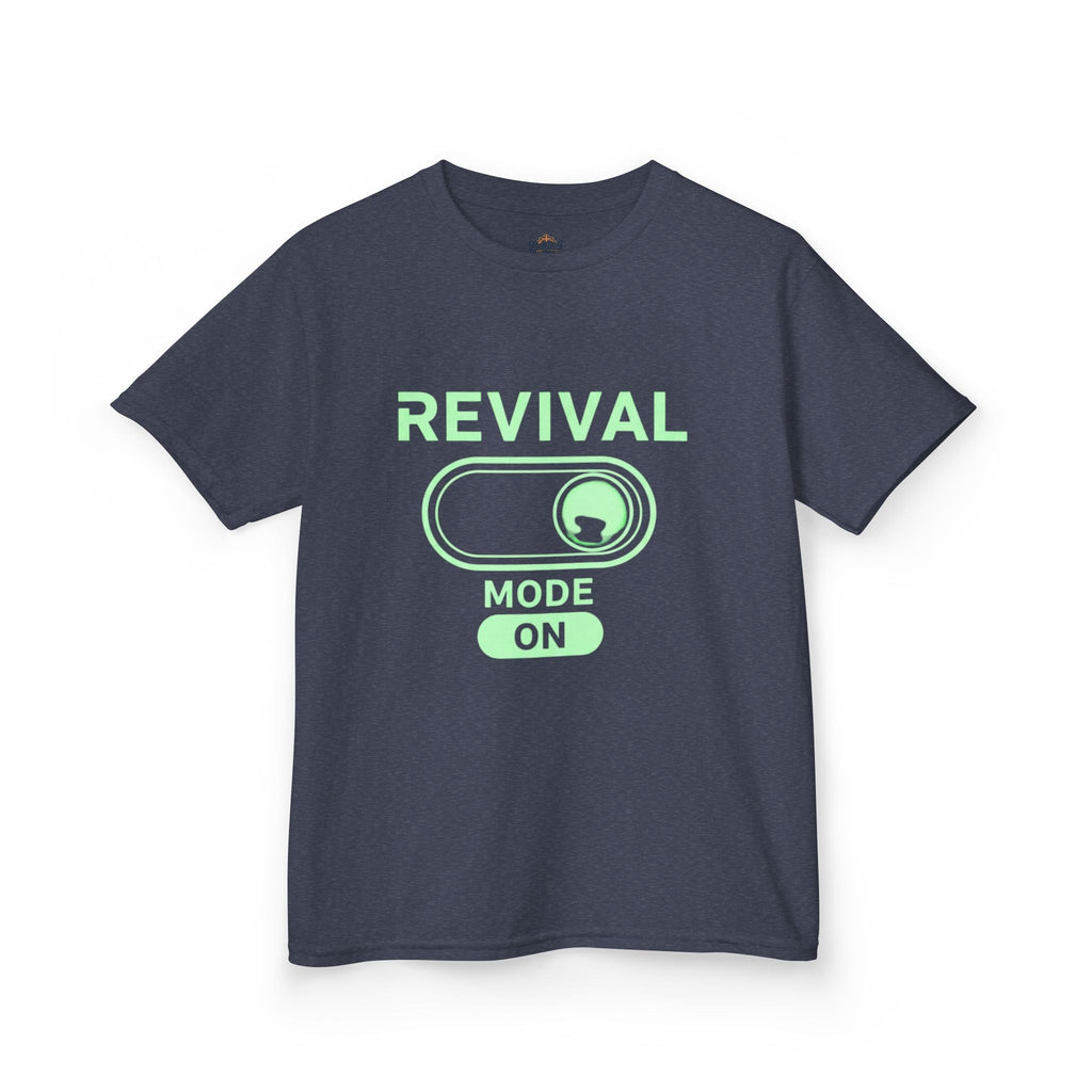 🔥 Revival Mode: ON – Christian Techwear Kids T-Shirt | Glowing Green Faith Switch | Futuristic Jesus Shirt | Activate Your Spiritual Awakening | Uplifted Gear Printify