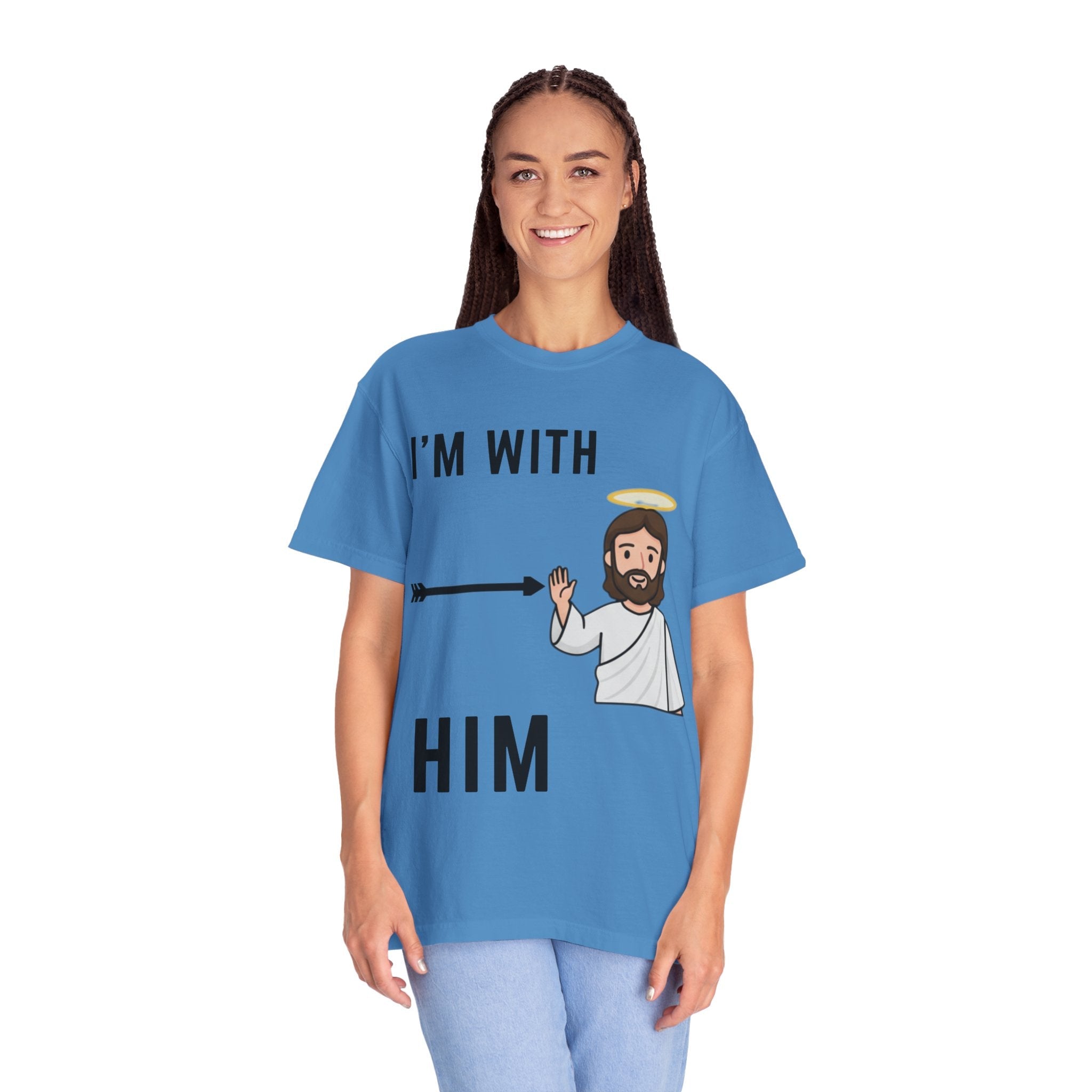 🔥 I’m With Him → Christian T-Shirt | Arrow Pointing to Jesus | Minimalist Faith Tee | Subtle Cross Design | Bible-Inspired Apparel by Uplifted Gear Printify