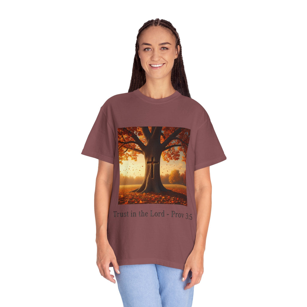 Trust in the Lord T-Shirt – Autumn Tree Christian Tee with Proverbs 3:5 Printify