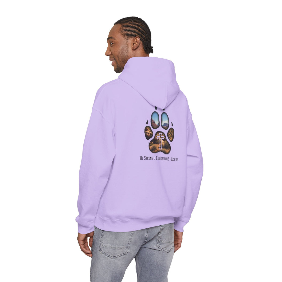 Strong and Courageous Hoodie – Joshua 1:9 Canine Pawprint Desert Christian Hoodie for Dog Lovers Printify