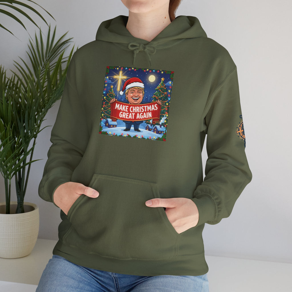 🎄 Make Christmas Great Again – Patriotic Christian Christmas Hoodie | Bold Holiday Faith Tee | Red & White Banner Design | Uplifted Gear Printify