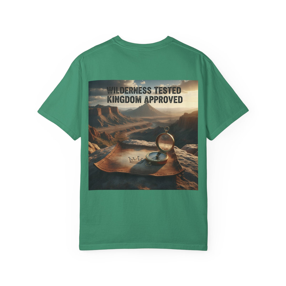 Wilderness Tested Kingdom Approved T-shirt – Mountain Desert Compass Crown Christian T-shirt for Biblical Adventure Faith Printify