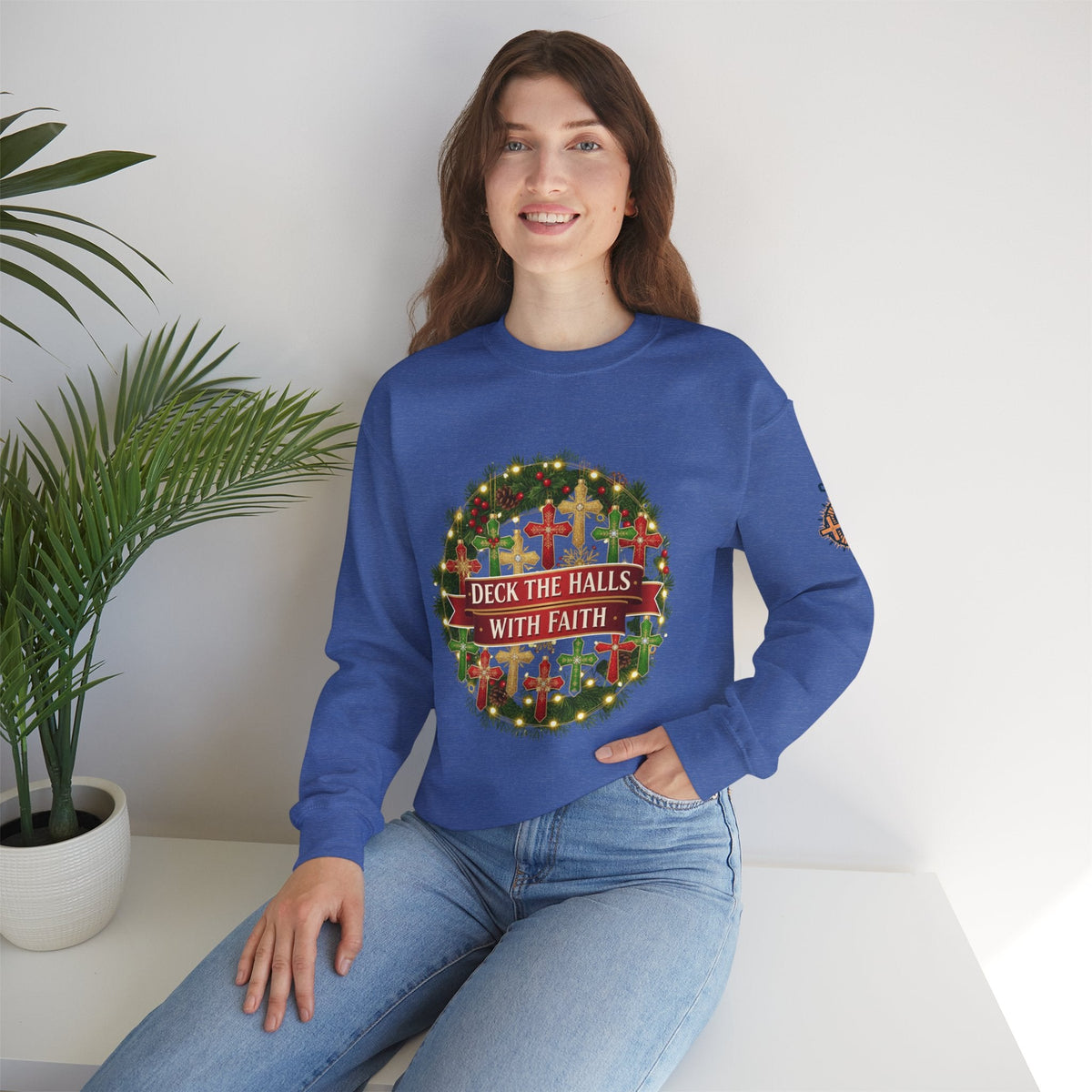 🎄 Deck the Halls with Faith – Christian Christmas Sweatshirt | Cross Ornament Design & Festive Garland | Bold Holiday Faith Tee by Uplifted Gear Printify