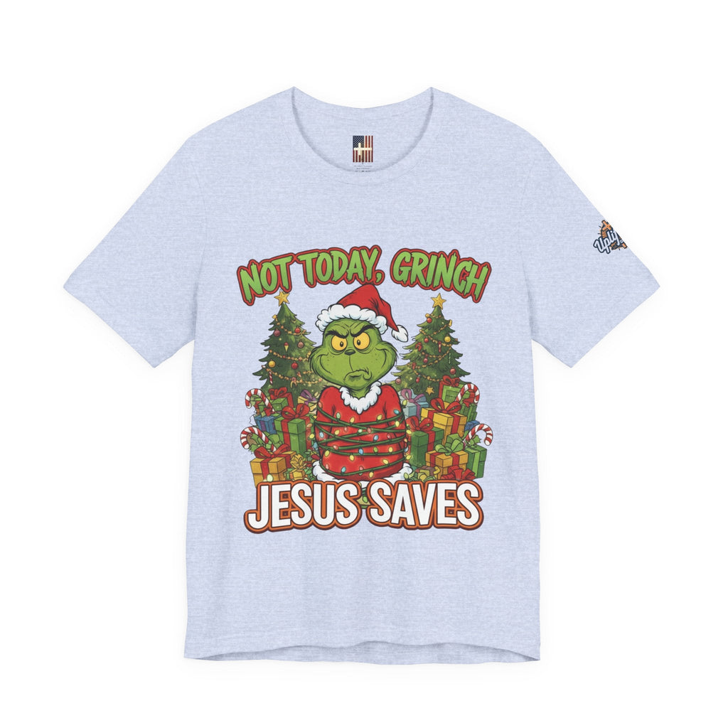 🎄 Not Today, Grinch – Jesus Saves | Funny Christian Christmas T-Shirt | Sulking Grinch & Glowing Cross | Bold Neon Faith Tee by Uplifted Gear Printify