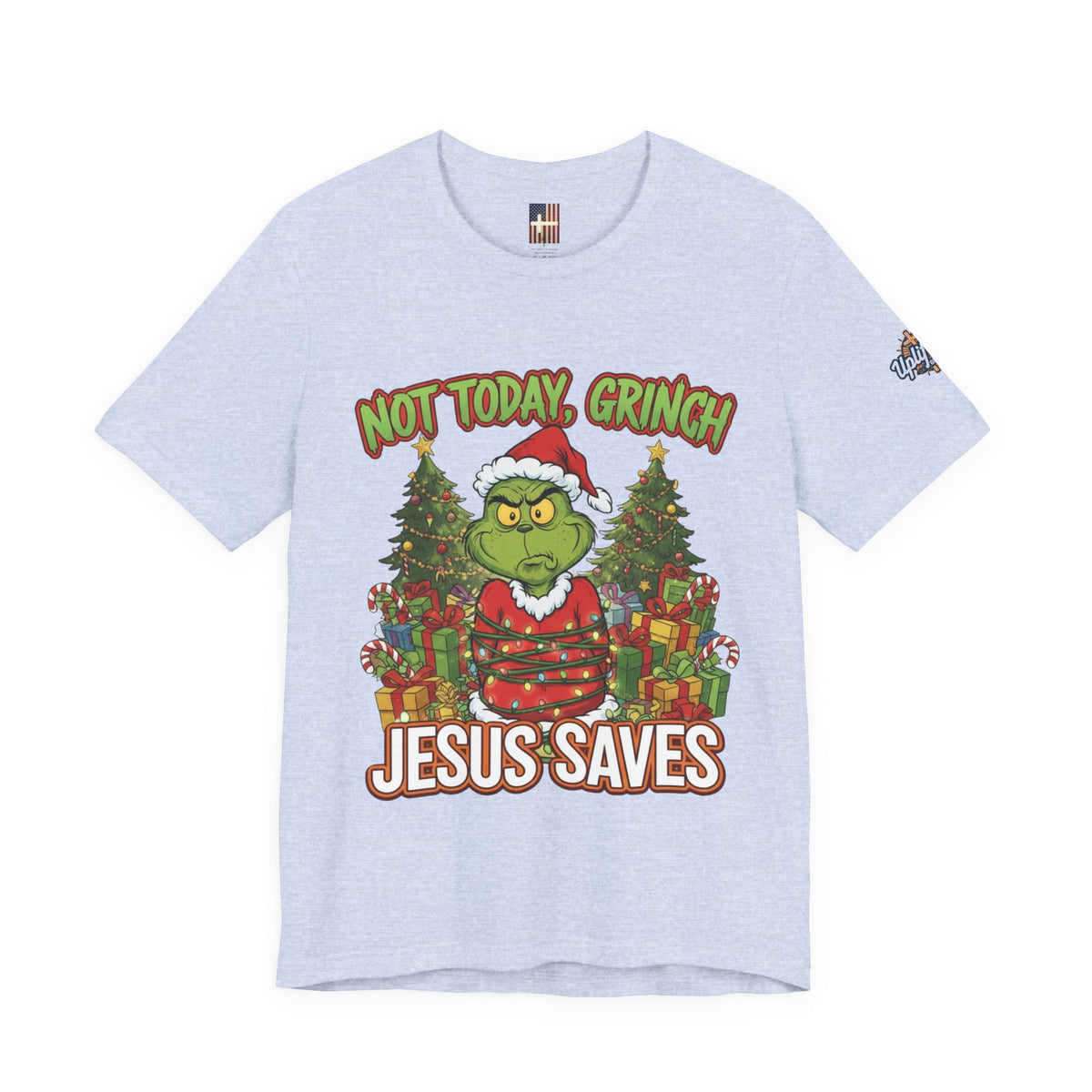 🎄 Not Today, Grinch – Jesus Saves | Funny Christian Christmas T-Shirt | Sulking Grinch & Glowing Cross | Bold Neon Faith Tee by Uplifted Gear Printify
