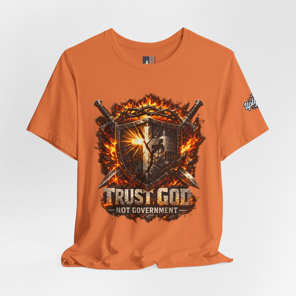 Trust God Not Government Shield Tee — Patriotic Christian Faith T-Shirt Printify