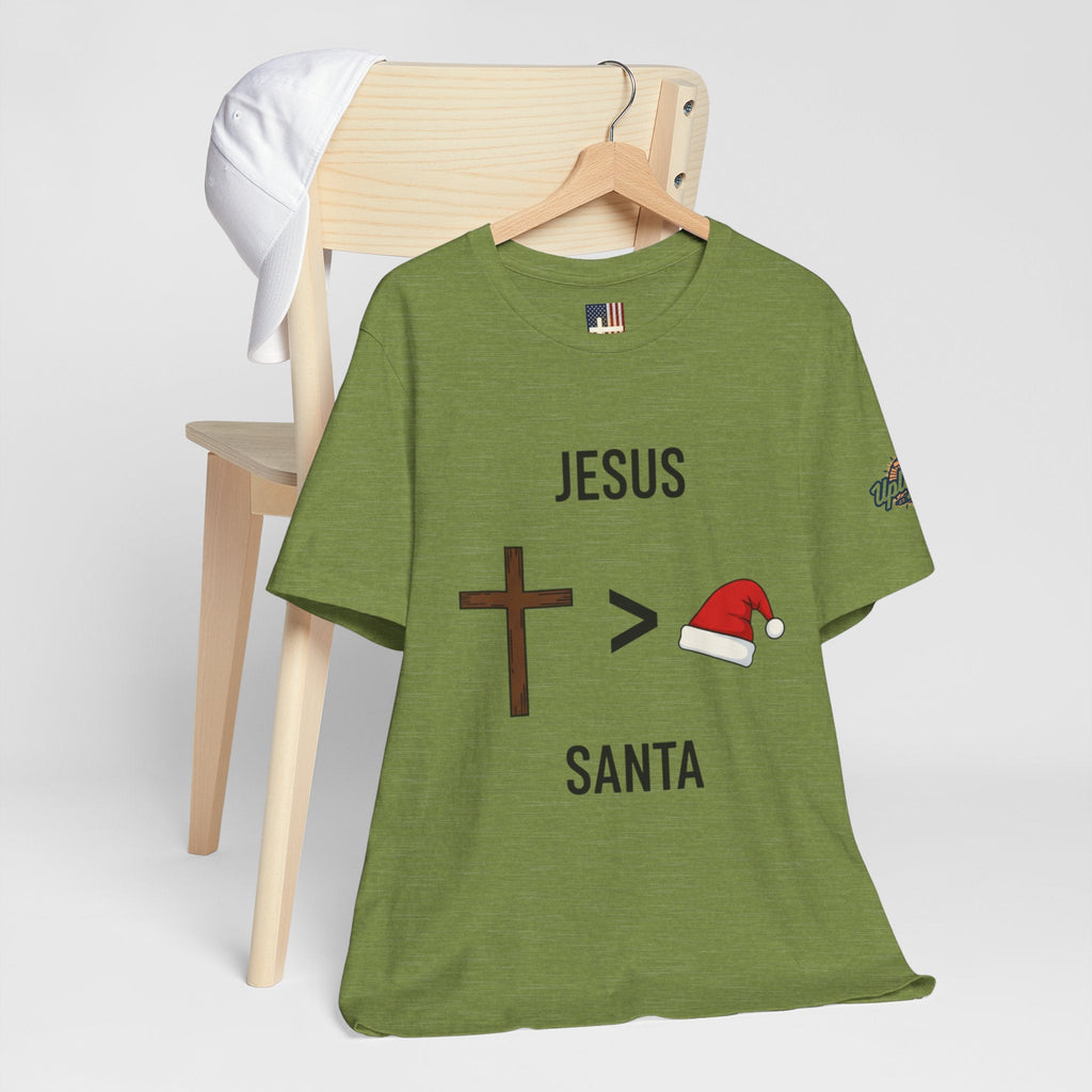 🎄 Jesus > Santa – Minimalist Christian Christmas T-Shirt | Bold Faith Over Holiday Tee | Cross vs Santa Hat Design | Uplifted Gear Printify