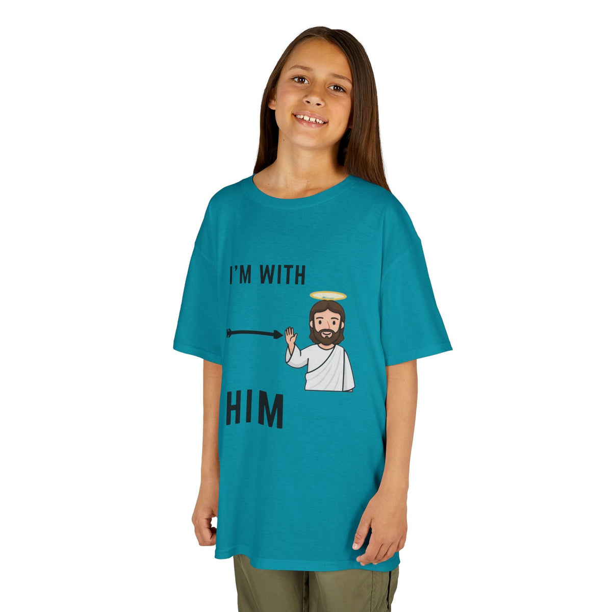 🔥 I’m With Him → Christian Kids T-Shirt | Arrow Pointing to Jesus | Minimalist Faith Tee | Subtle Cross Design | Bible-Inspired Apparel by Uplifted Gear Printify