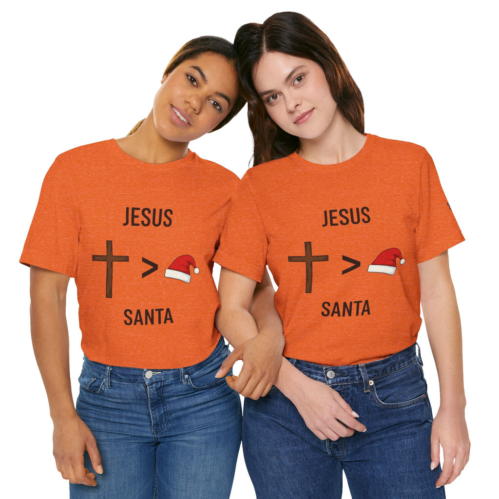 🎄 Jesus > Santa – Minimalist Christian Christmas T-Shirt | Bold Faith Over Holiday Tee | Cross vs Santa Hat Design | Uplifted Gear Printify