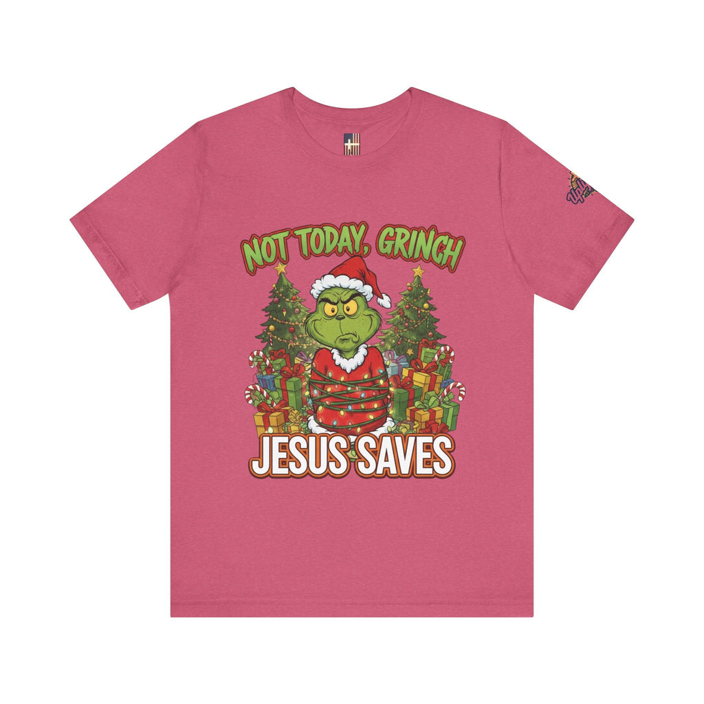 🎄 Not Today, Grinch – Jesus Saves | Funny Christian Christmas T-Shirt | Sulking Grinch & Glowing Cross | Bold Neon Faith Tee by Uplifted Gear Printify