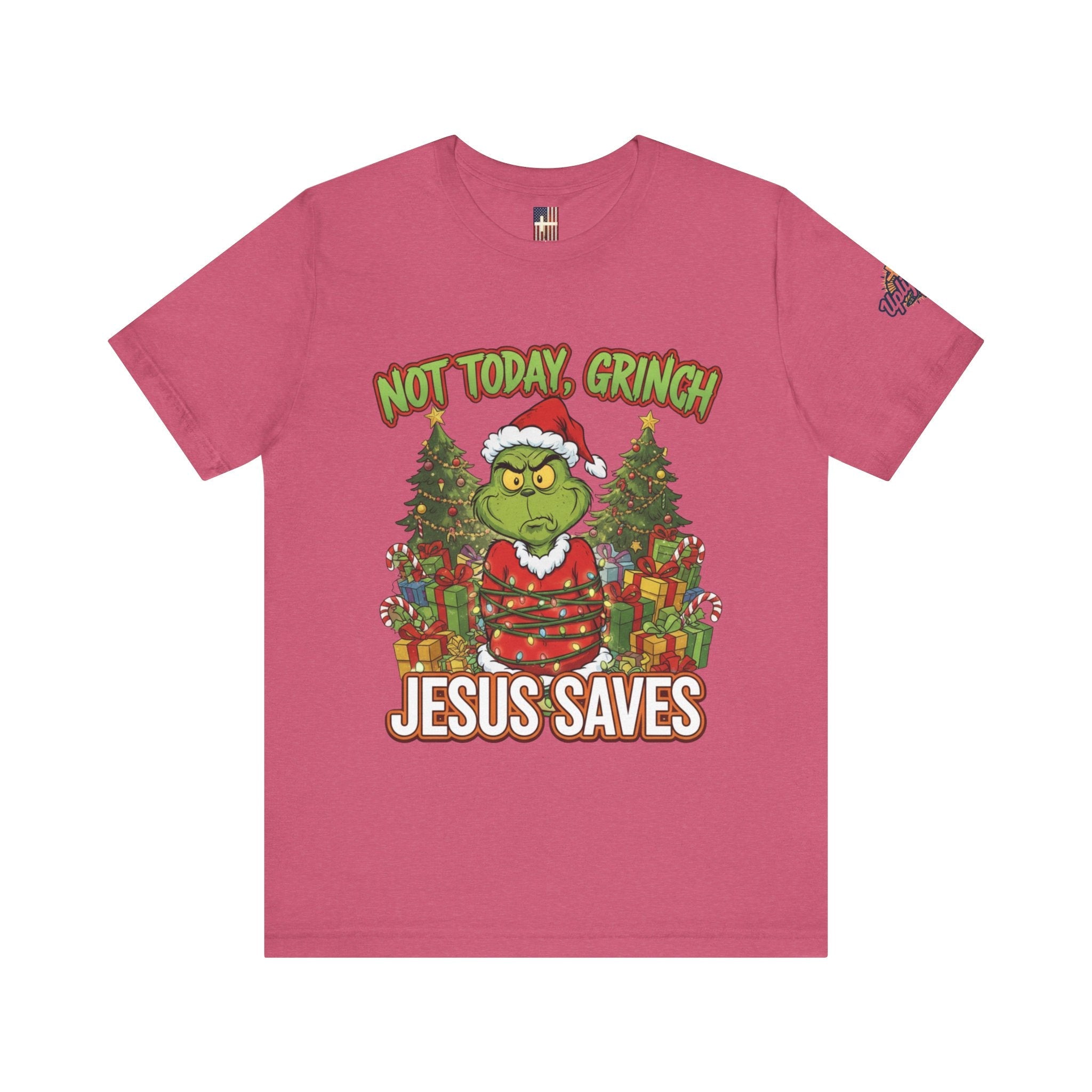 🎄 Not Today, Grinch – Jesus Saves | Funny Christian Christmas T-Shirt | Sulking Grinch & Glowing Cross | Bold Neon Faith Tee by Uplifted Gear Printify