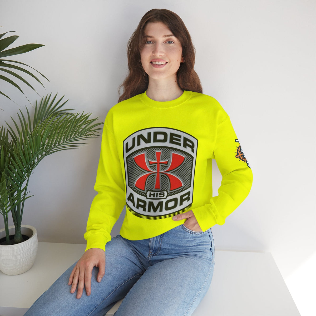 Under His Armor Crewneck Sweatshirt — Christian Faith Graphic Pullover Printify