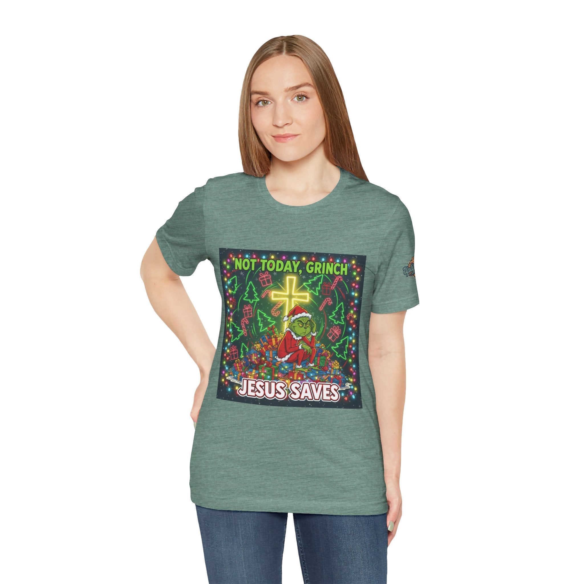 🎄 Not Today, Grinch – Jesus Saves | Funny Christian Christmas T-Shirt | Festive Green & Red Cartoon Style | Bold Faith Holiday Tee by Uplifted Gear Printify
