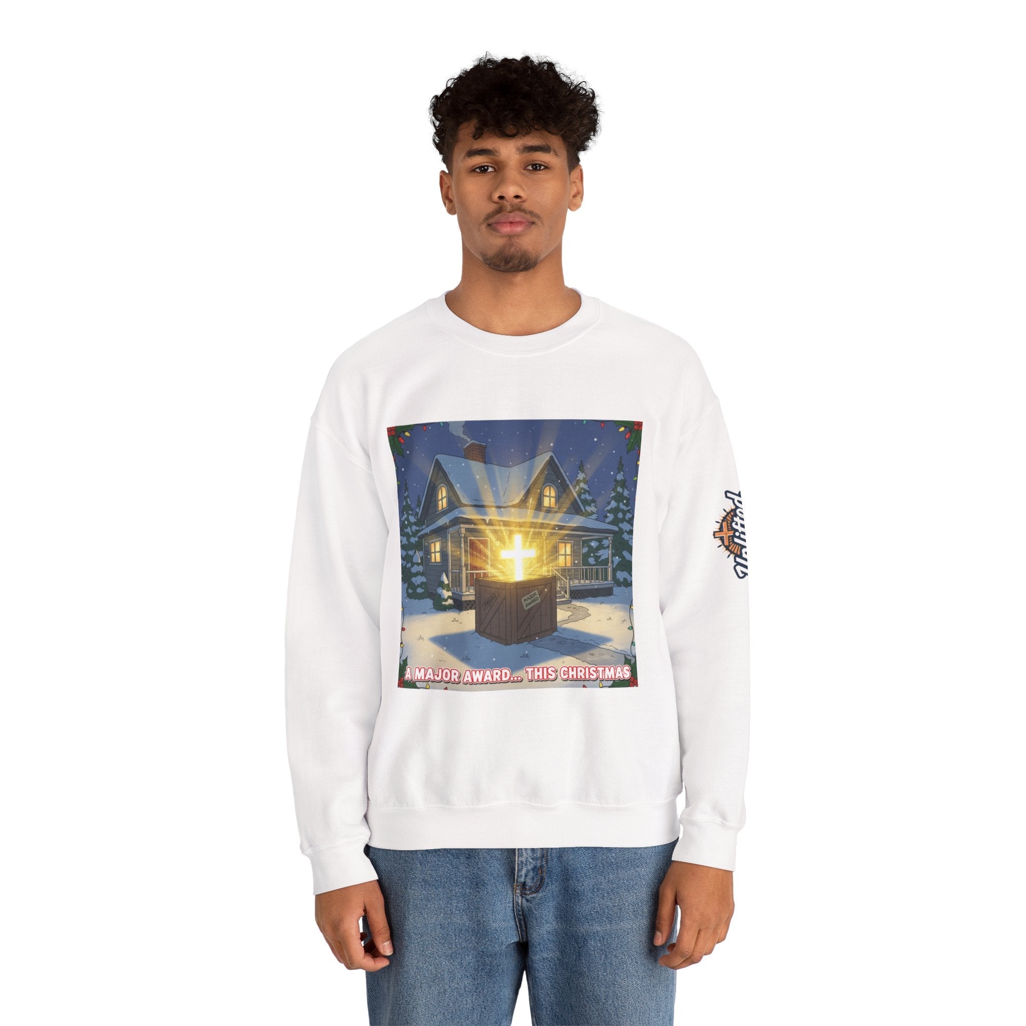 A Major Award This Christmas Sweatshirt – Fragile Leg Lamp Parody Cross Unboxing Christian Sweatshirt for Hilarious Faith & Holiday Glow Printify