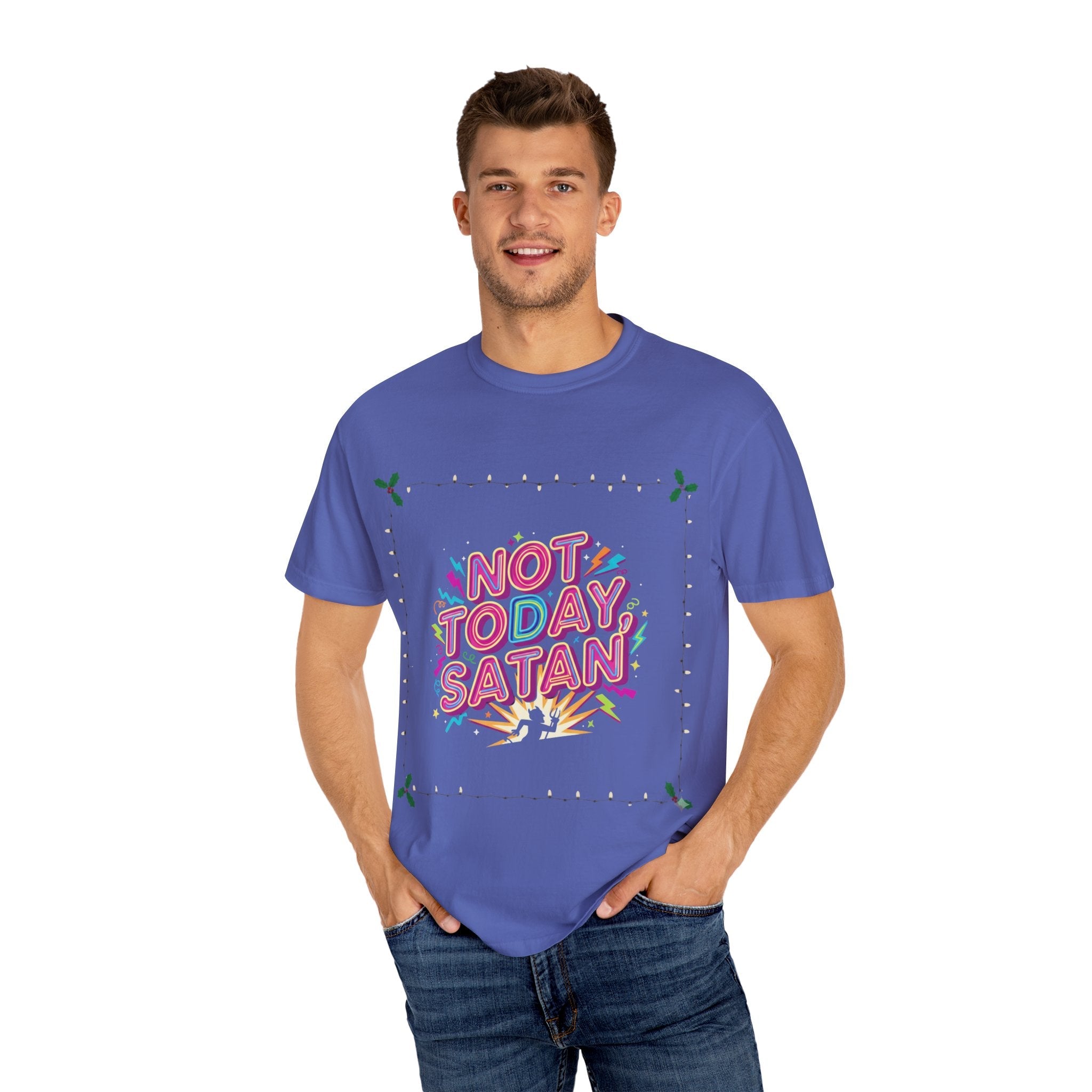 🔥 Not Today, Satan – Retro 90s Christian T-Shirt | Neon Faith Tee | Funky Cartoon Devil | Bold Bible Verse Shirt | Uplifted Gear Printify