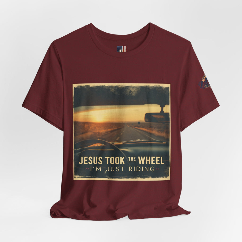 Jesus Took the Wheel I'm Just Riding T-shirt – Funny Christian Convertible Car T-shirt for Surrendered Faith & Humor Printify