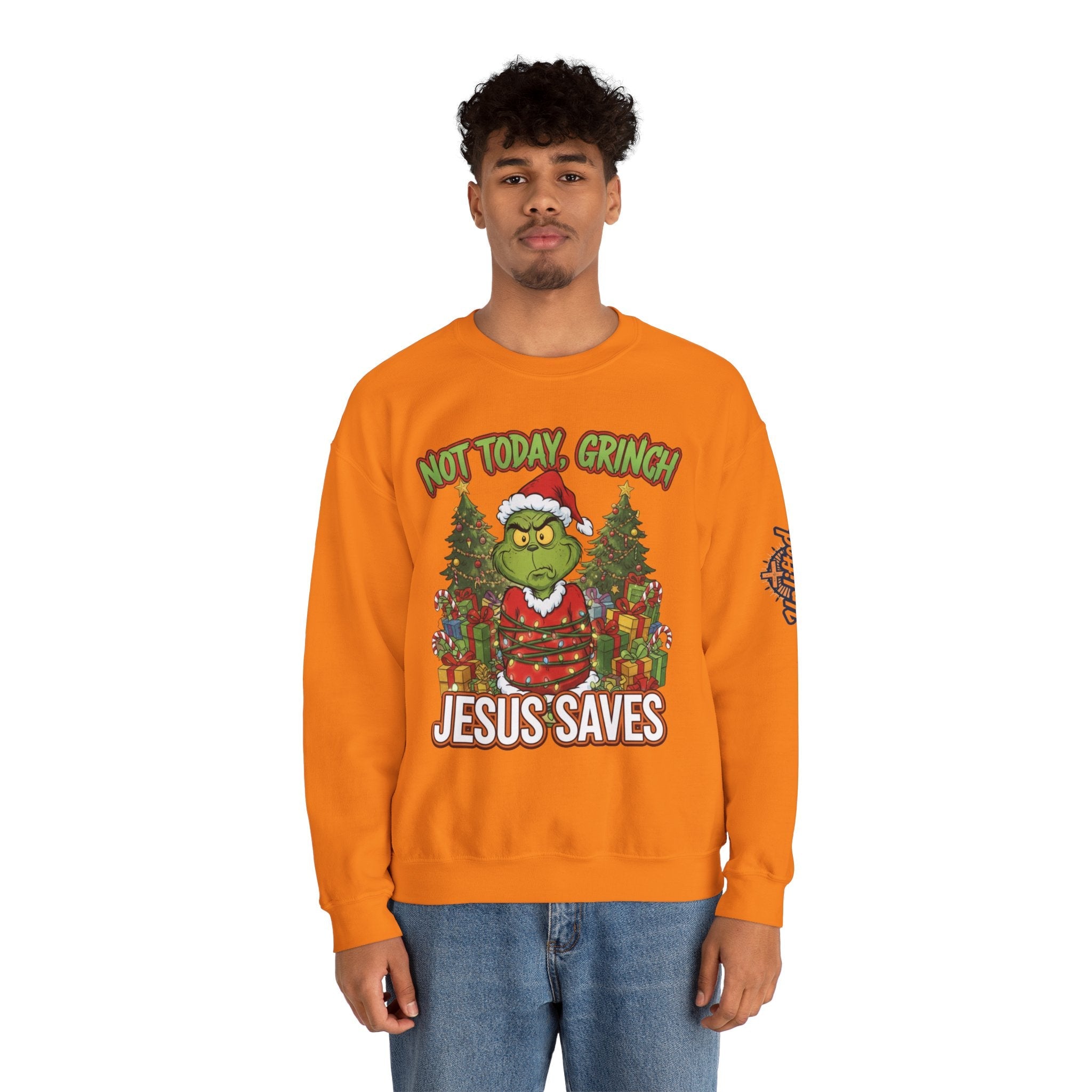 🎄 Not Today, Grinch – Jesus Saves | Funny Christian Christmas Sweatshirt | Sulking Grinch & Glowing Cross | Bold Neon Faith Tee by Uplifted Gear Printify