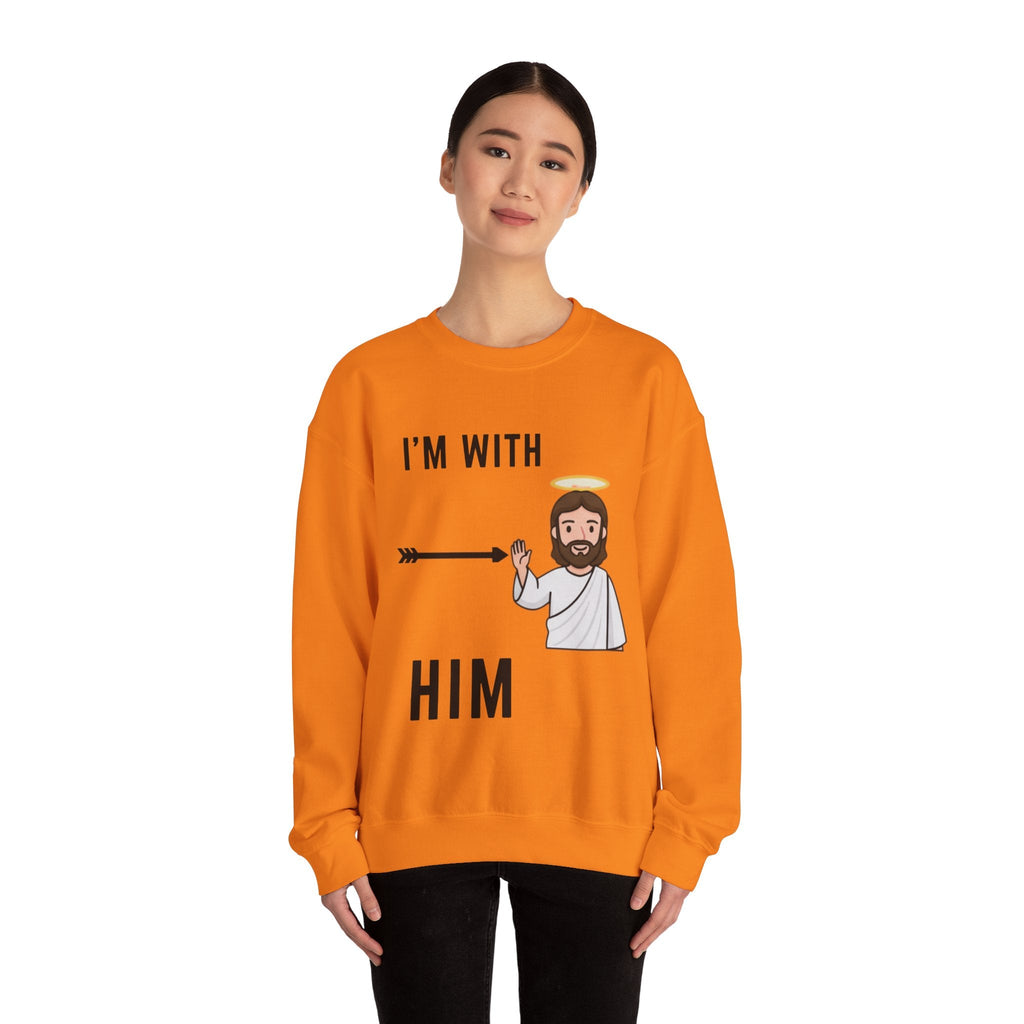 🔥 I’m With Him → Christian Sweatshirt | Arrow Pointing to Jesus | Minimalist Faith Tee | Subtle Cross Design | Bible-Inspired Apparel by Uplifted Gear Printify