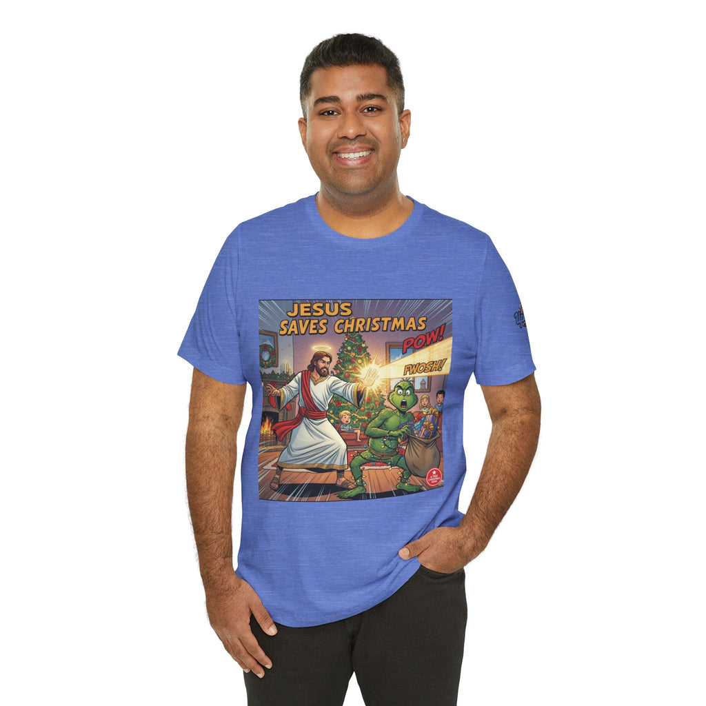 Jesus Saves Christmas T-shirt – Grinch vs Savior Light Battle Christian T-shirt for Hilarious Holiday Faith & True Joy Printify