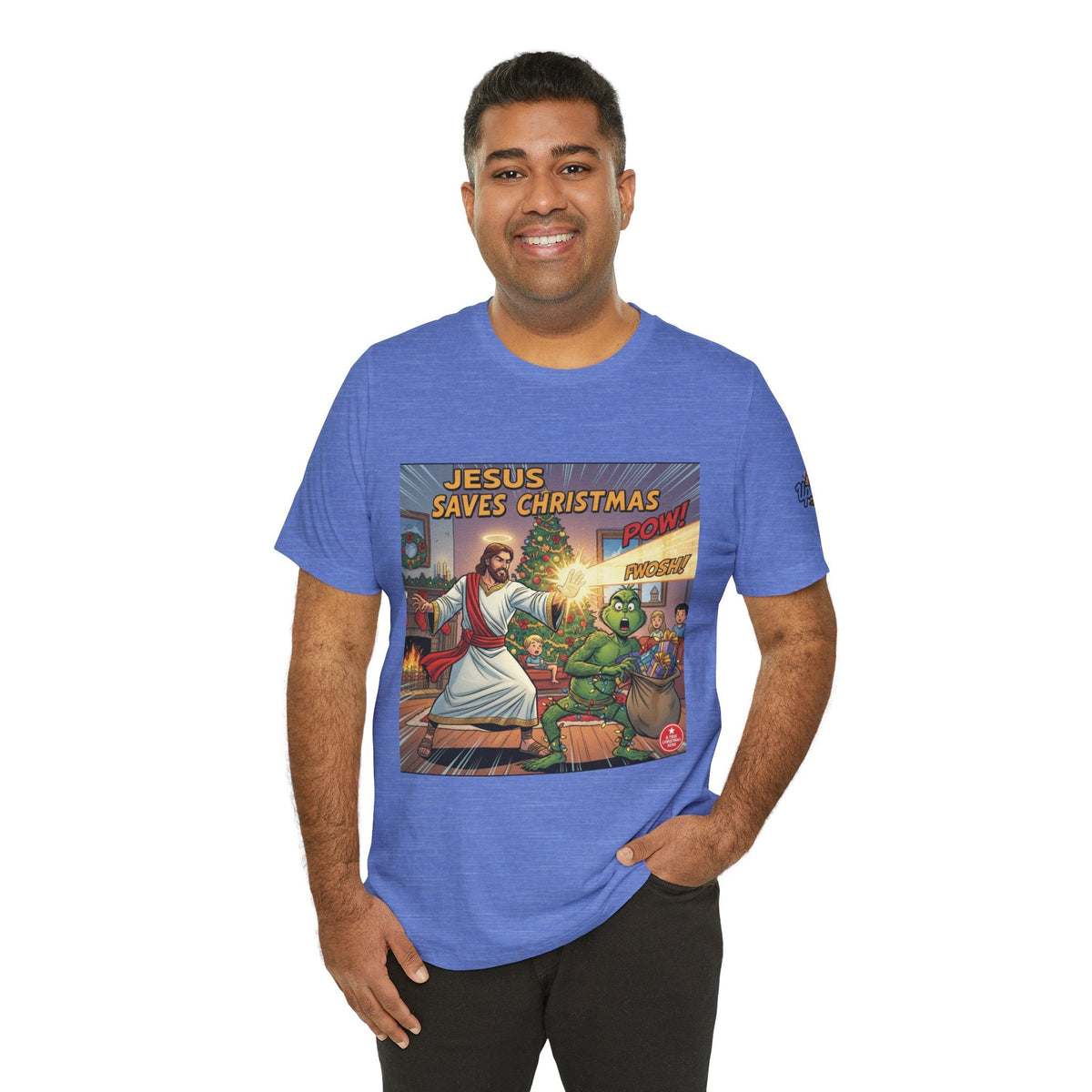 Jesus Saves Christmas T-shirt – Grinch vs Savior Light Battle Christian T-shirt for Hilarious Holiday Faith & True Joy Printify