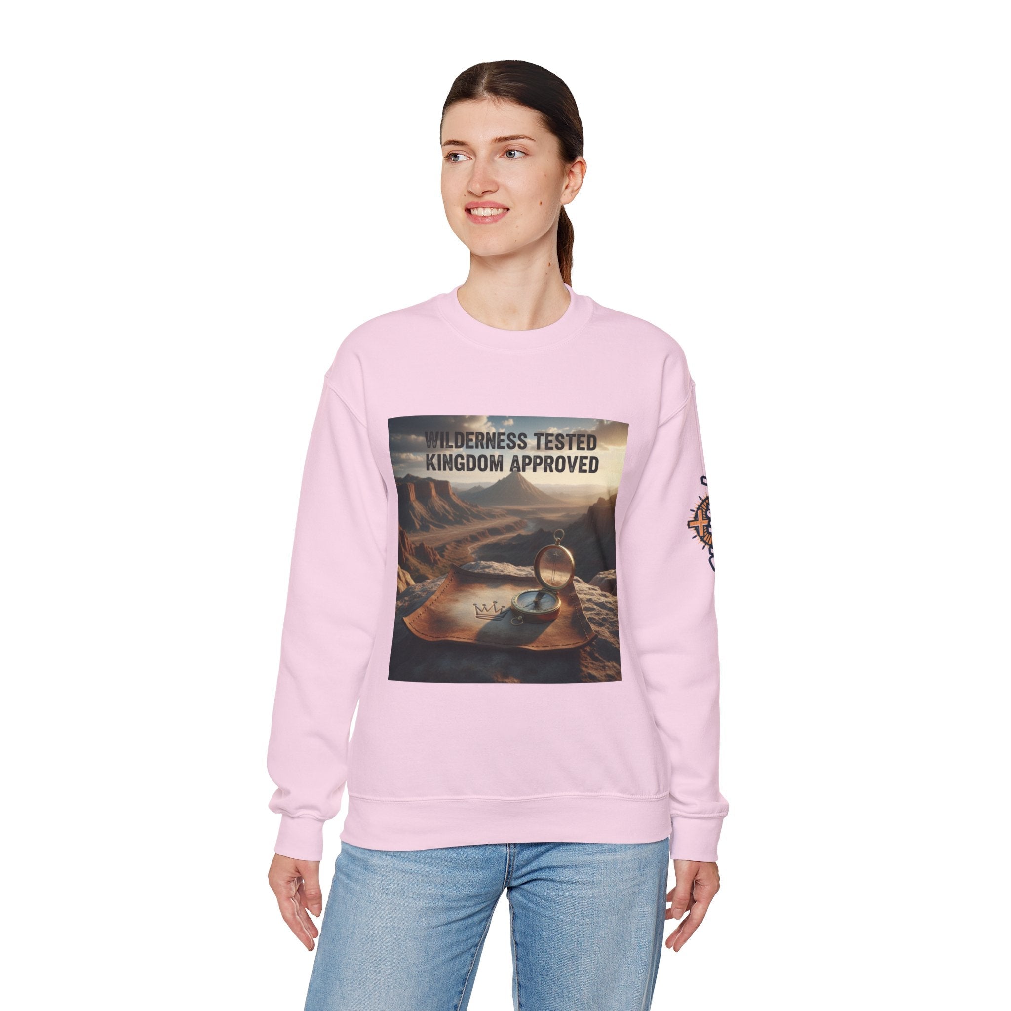 Wilderness Tested Kingdom Approved Sweatshirt – Mountain Desert Compass Crown Christian Sweatshirt for Biblical Adventure Faith Printify