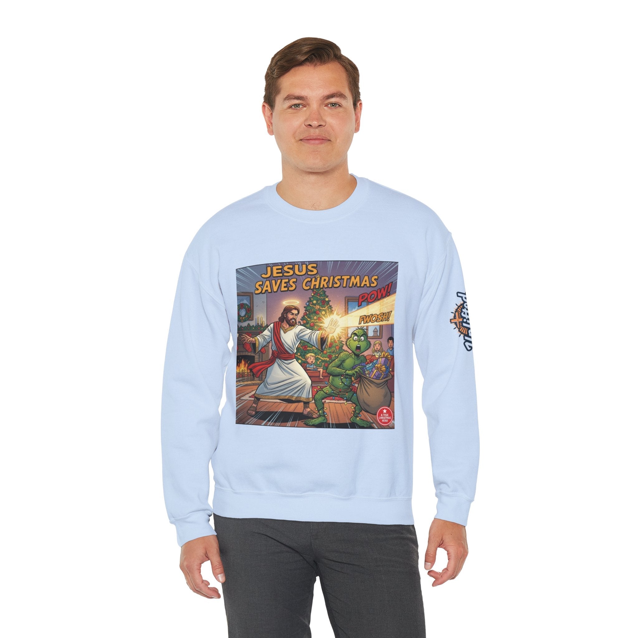 Jesus Saves Christmas Sweatshirt – Grinch vs Savior Light Battle Christian Sweatshirt for Hilarious Holiday Faith & True Joy Printify