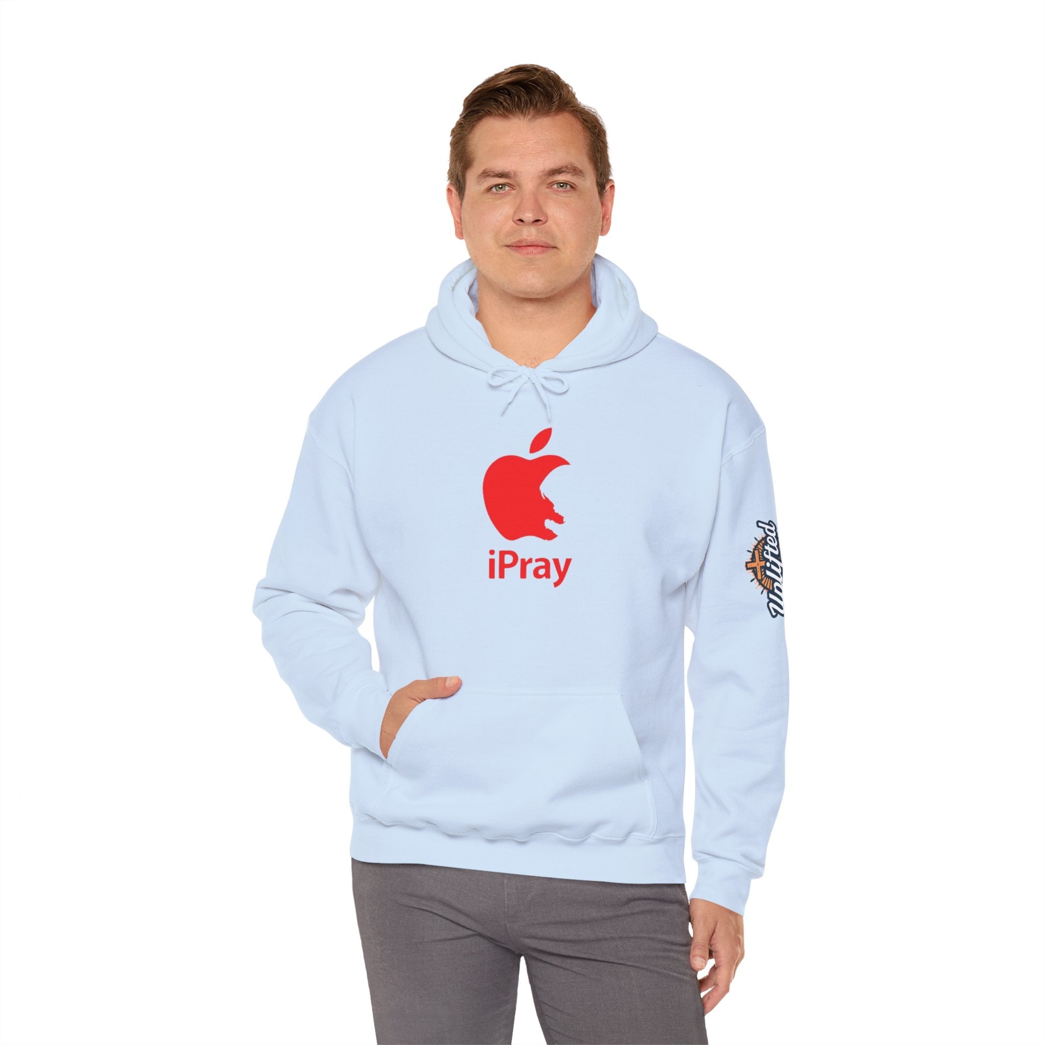 iPray Apple Logo Hoodie — Funny Christian Hoodie (Minimal Red Apple Graphic) Printify