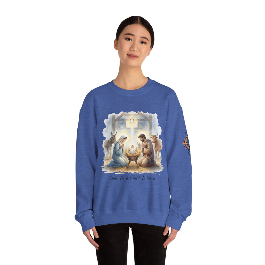 Unto Us a Child is Born Sweatshirt – Isaiah 9:6 Nativity Manger Scene Christian Christmas Sweatshirt for Holy Night Faith Printify