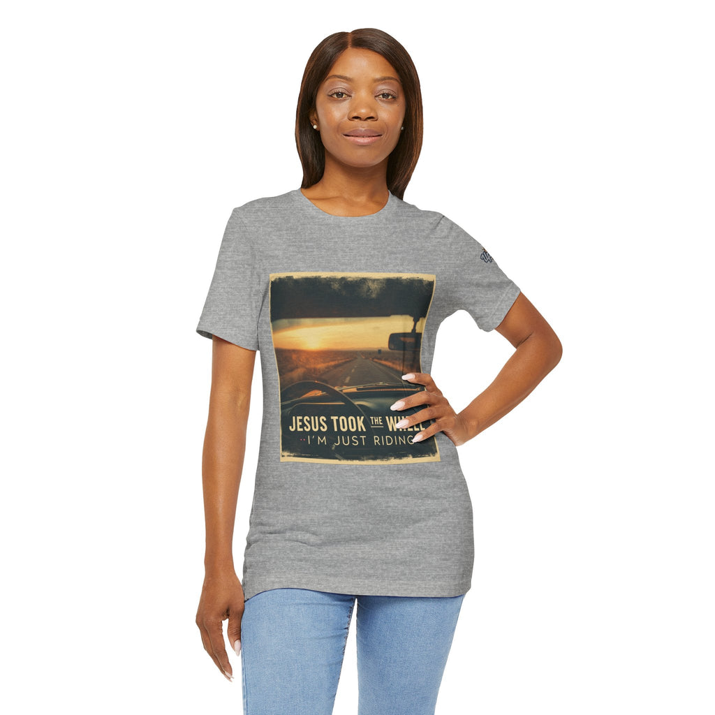 Jesus Took the Wheel I'm Just Riding T-shirt – Funny Christian Convertible Car T-shirt for Surrendered Faith & Humor Printify