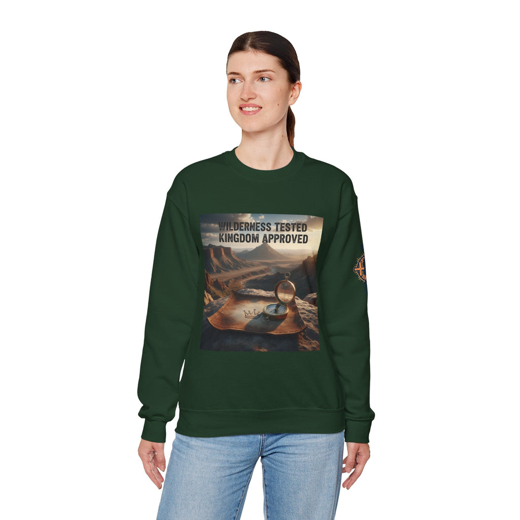 Wilderness Tested Kingdom Approved Sweatshirt – Mountain Desert Compass Crown Christian Sweatshirt for Biblical Adventure Faith Printify
