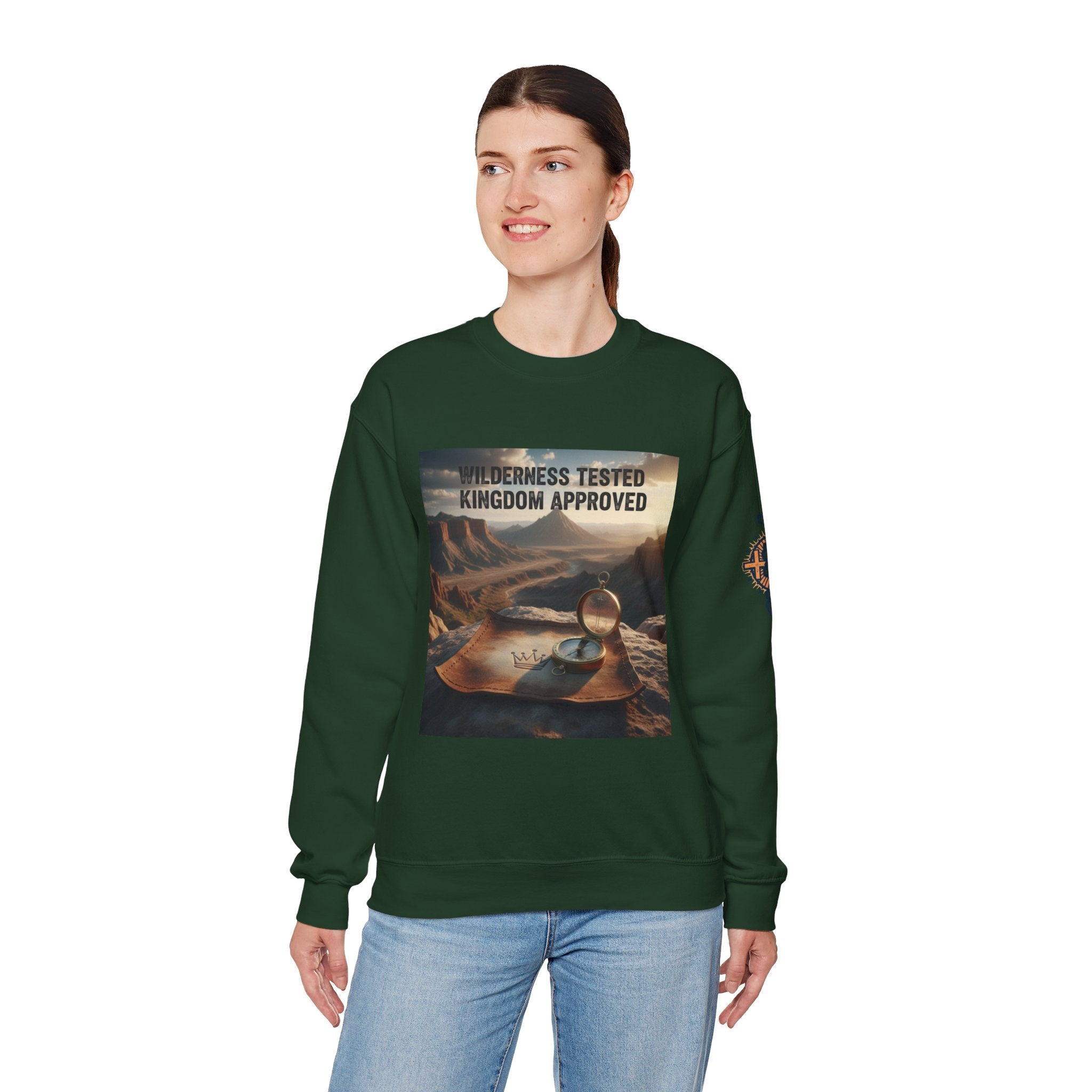 Wilderness Tested Kingdom Approved Sweatshirt – Mountain Desert Compass Crown Christian Sweatshirt for Biblical Adventure Faith Printify