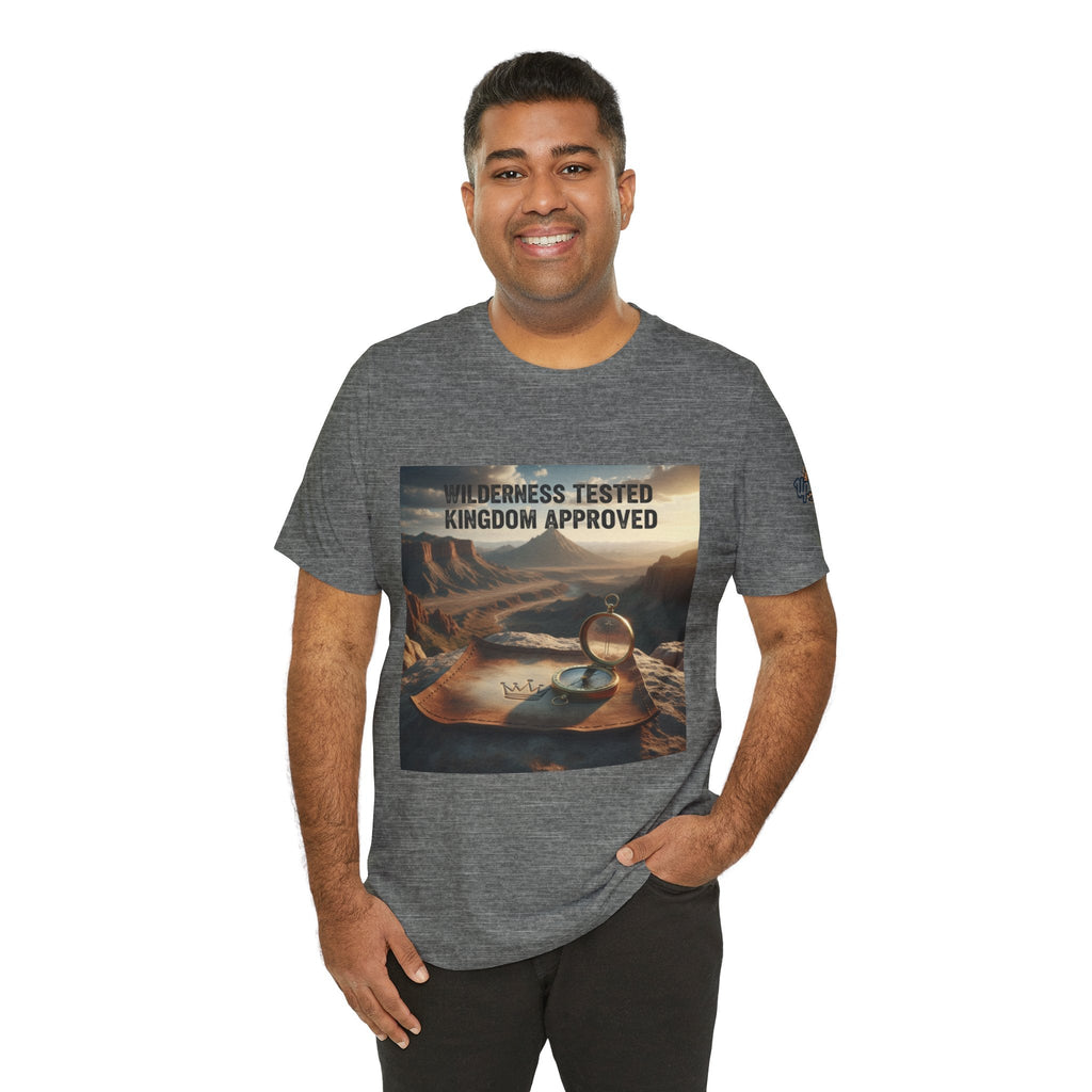 Wilderness Tested Kingdom Approved T-shirt – Mountain Desert Compass Crown Christian T-shirt for Biblical Adventure Faith Printify
