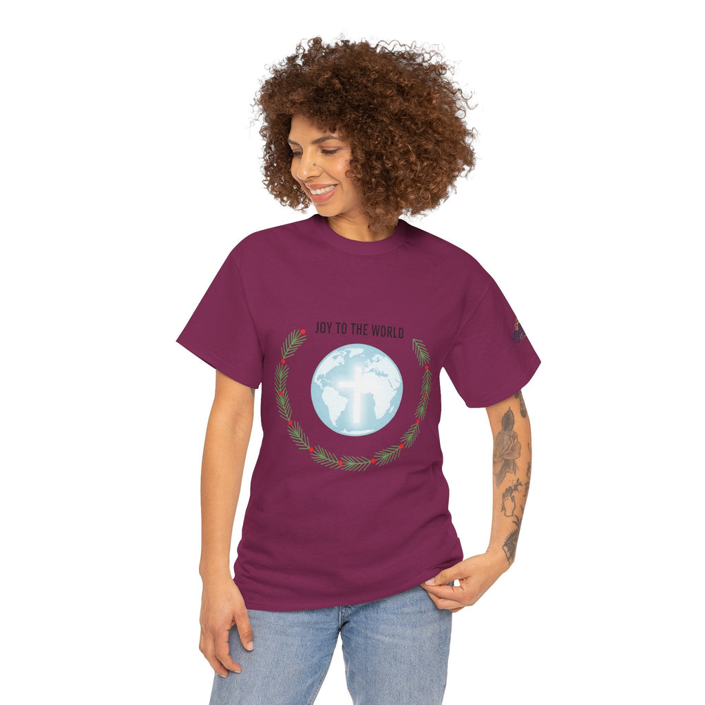 Joy to the World T-shirt – Wreath Earth Nativity Christian Christmas T-shirt for Isaiah 9:6 Holiday Faith & Festive Joy Printify